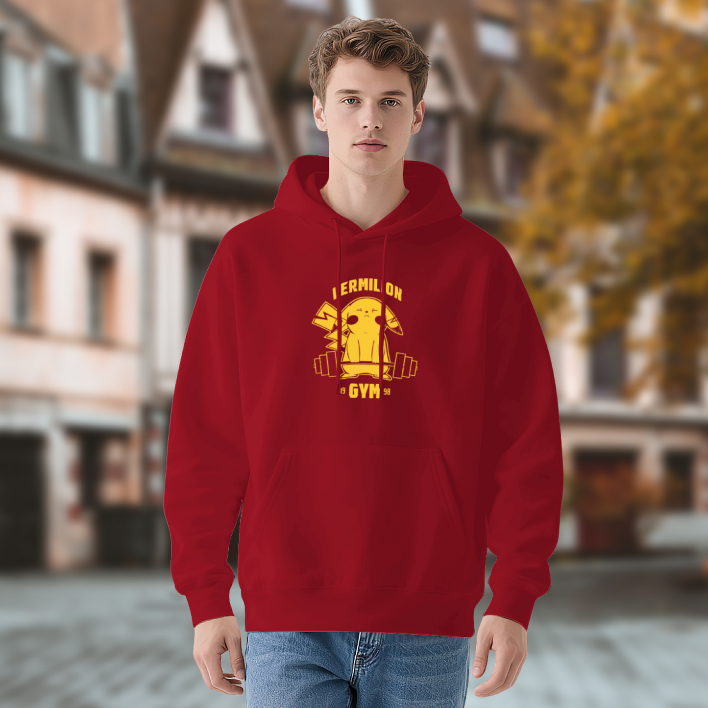 Vermilion Gym Pikachu Fitness Fan Red Hoodie, Loose Comfort Training Wear