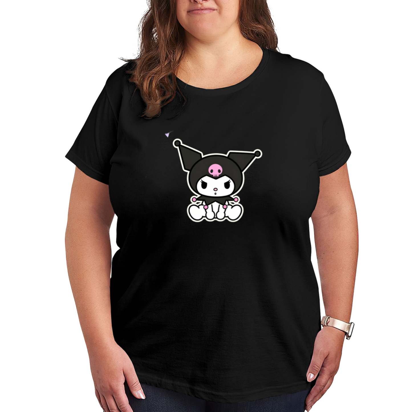 Cute Sitting Kuromi Cartoon Print Plus Size Black Women Tee