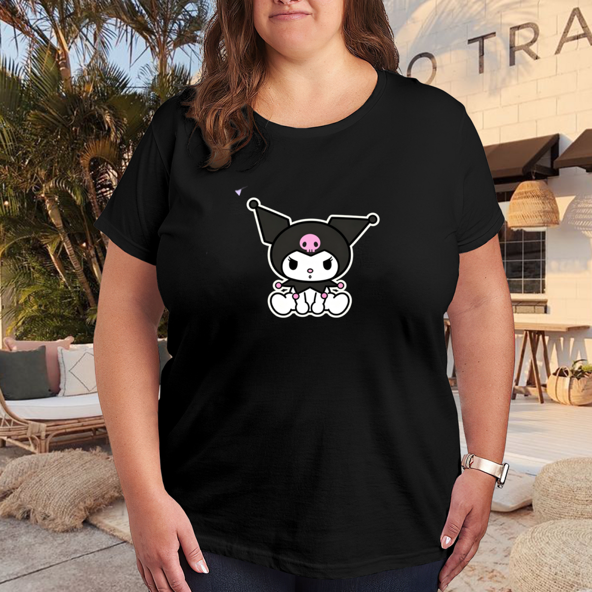 Cute Sitting Kuromi Cartoon Print Plus Size Black Women Tee