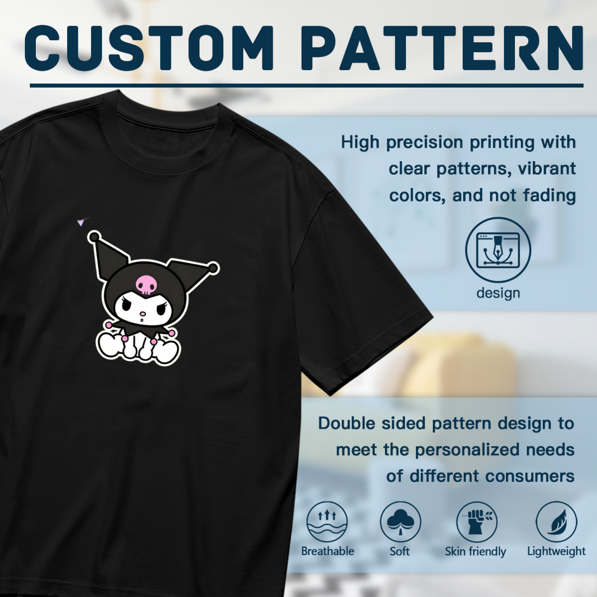 Cute Sitting Kuromi Cartoon Print Plus Size Black Women Tee