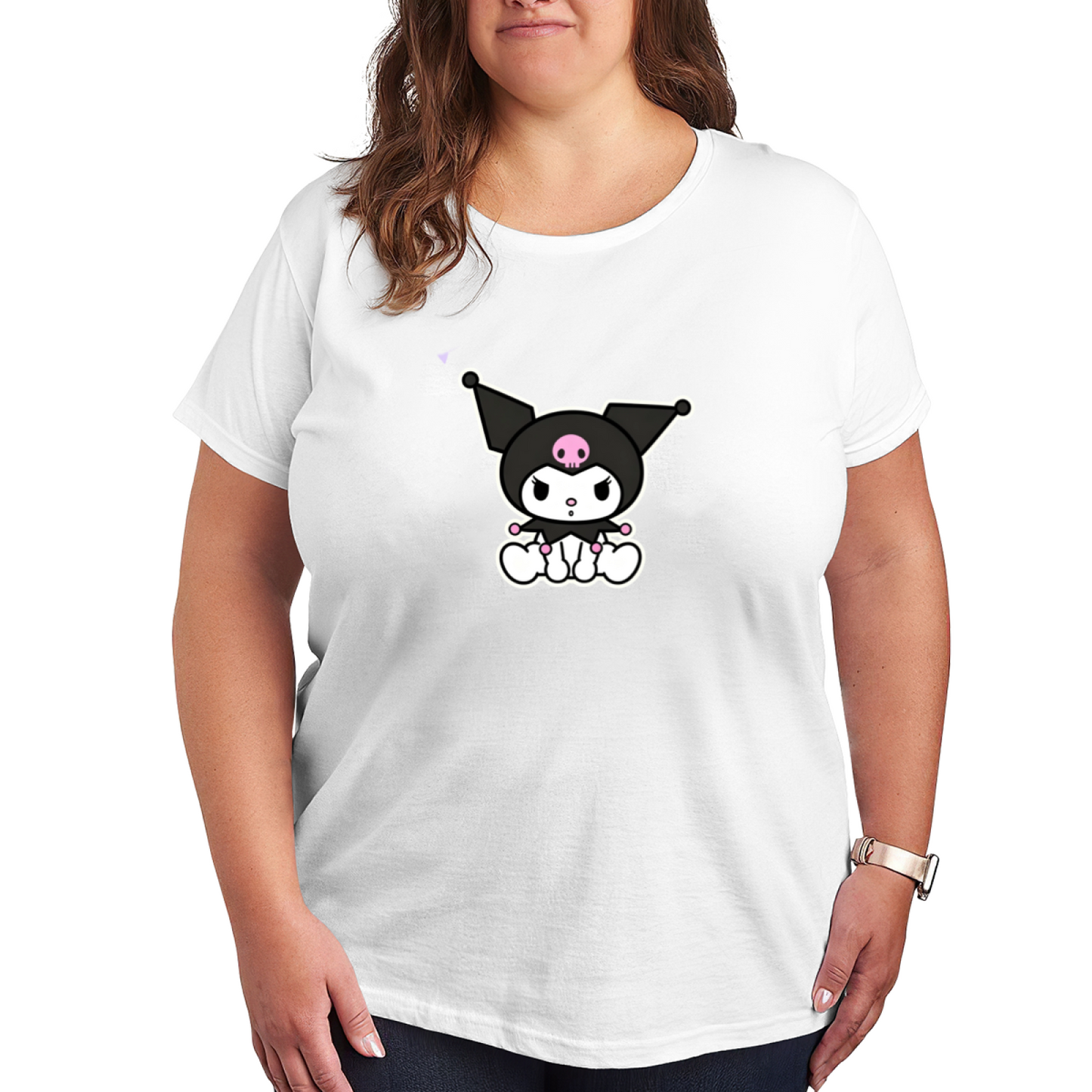 Cute Sitting Kuromi Cartoon Print Plus Size Black Women Tee