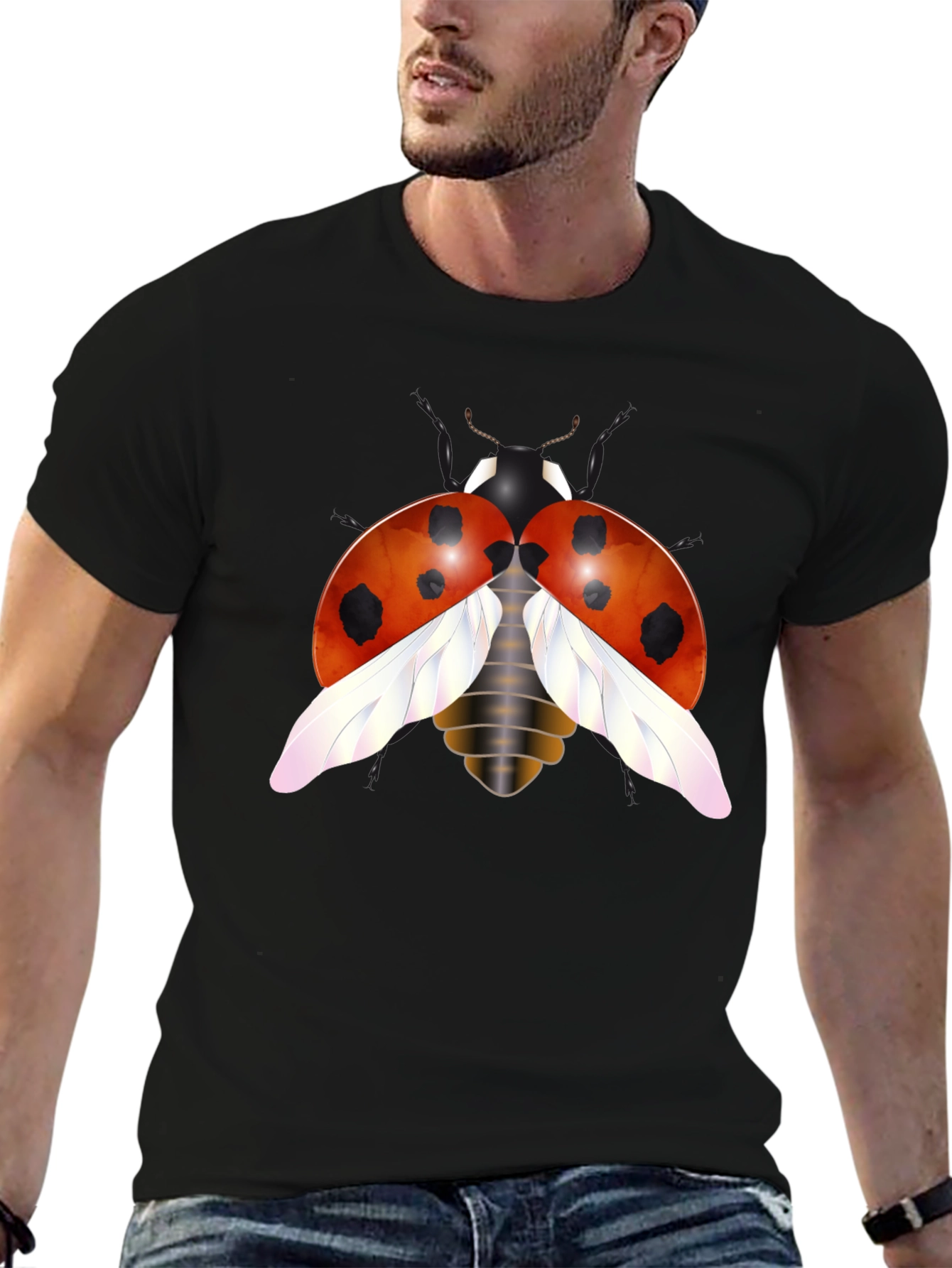 Ladybug Graphic Tee - Trendy Insect Design Black T-Shirt