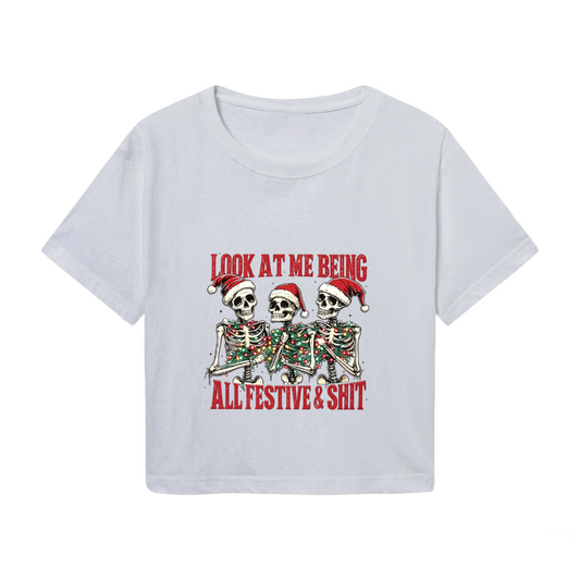 Look At Me Being All Festive Skeleton Santa Crop Tee