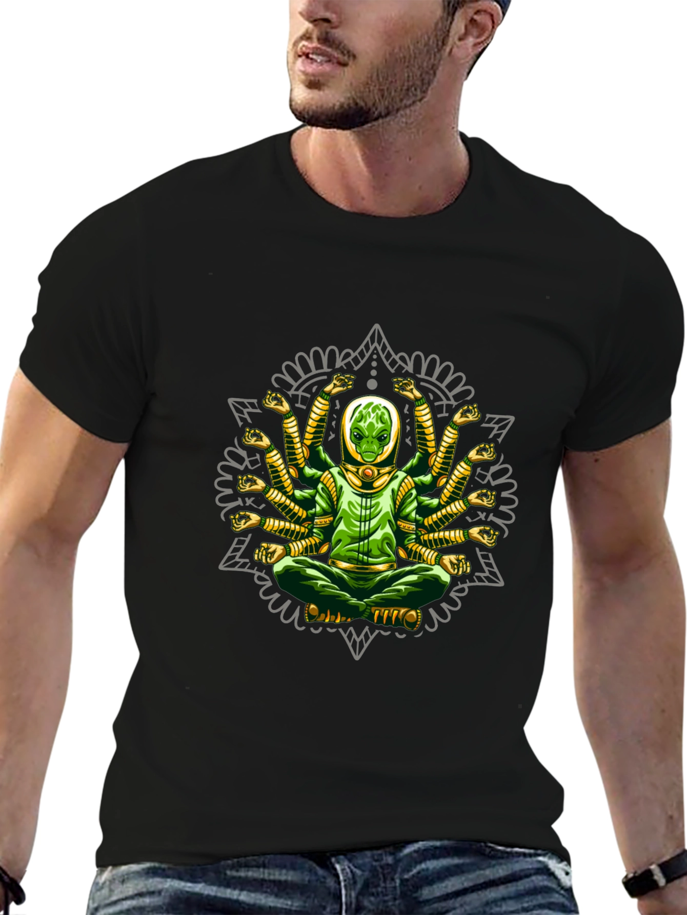 Meditating Alien Mandala Graphic T-Shirt