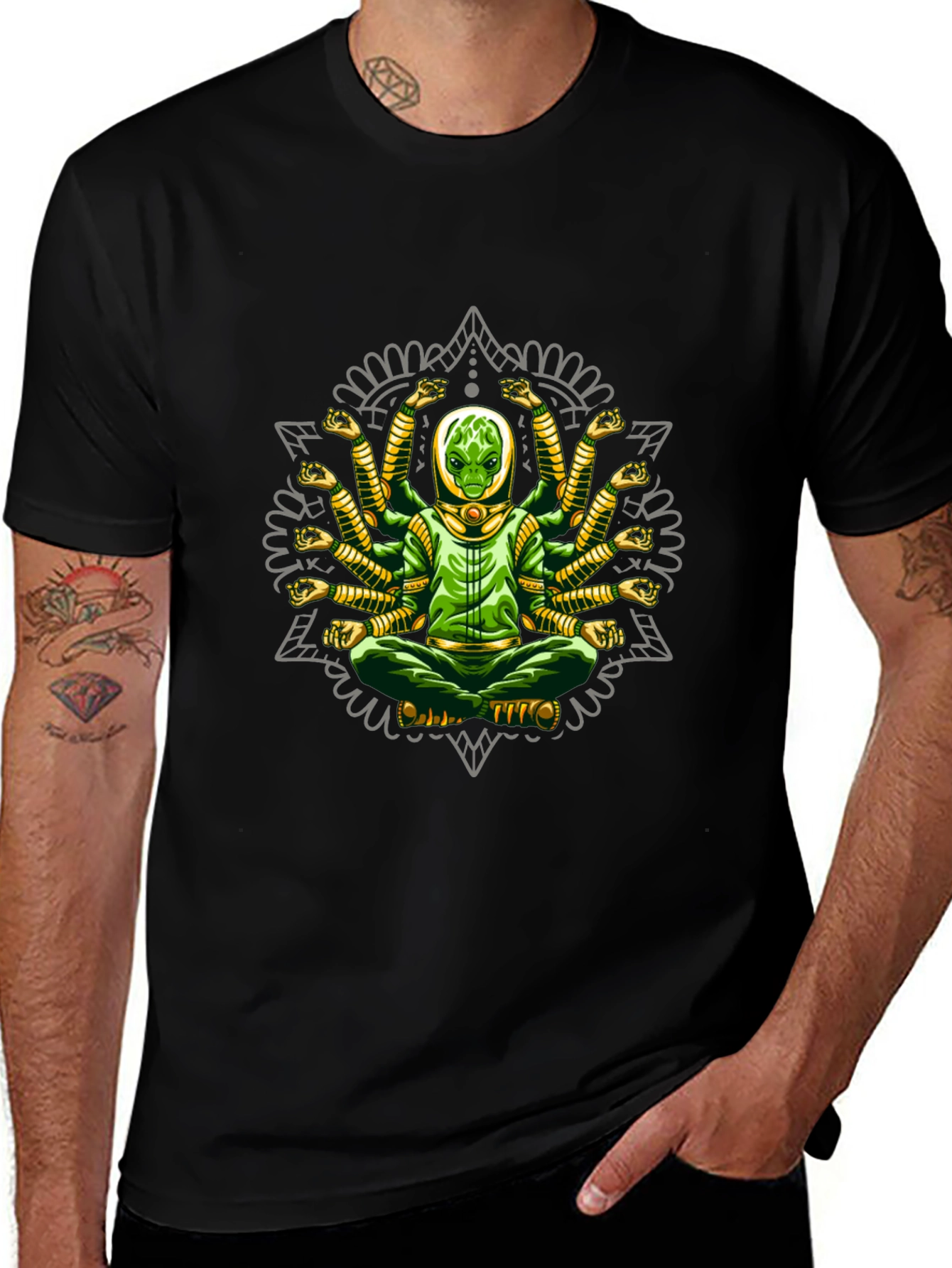 Meditating Alien Mandala Graphic T-Shirt