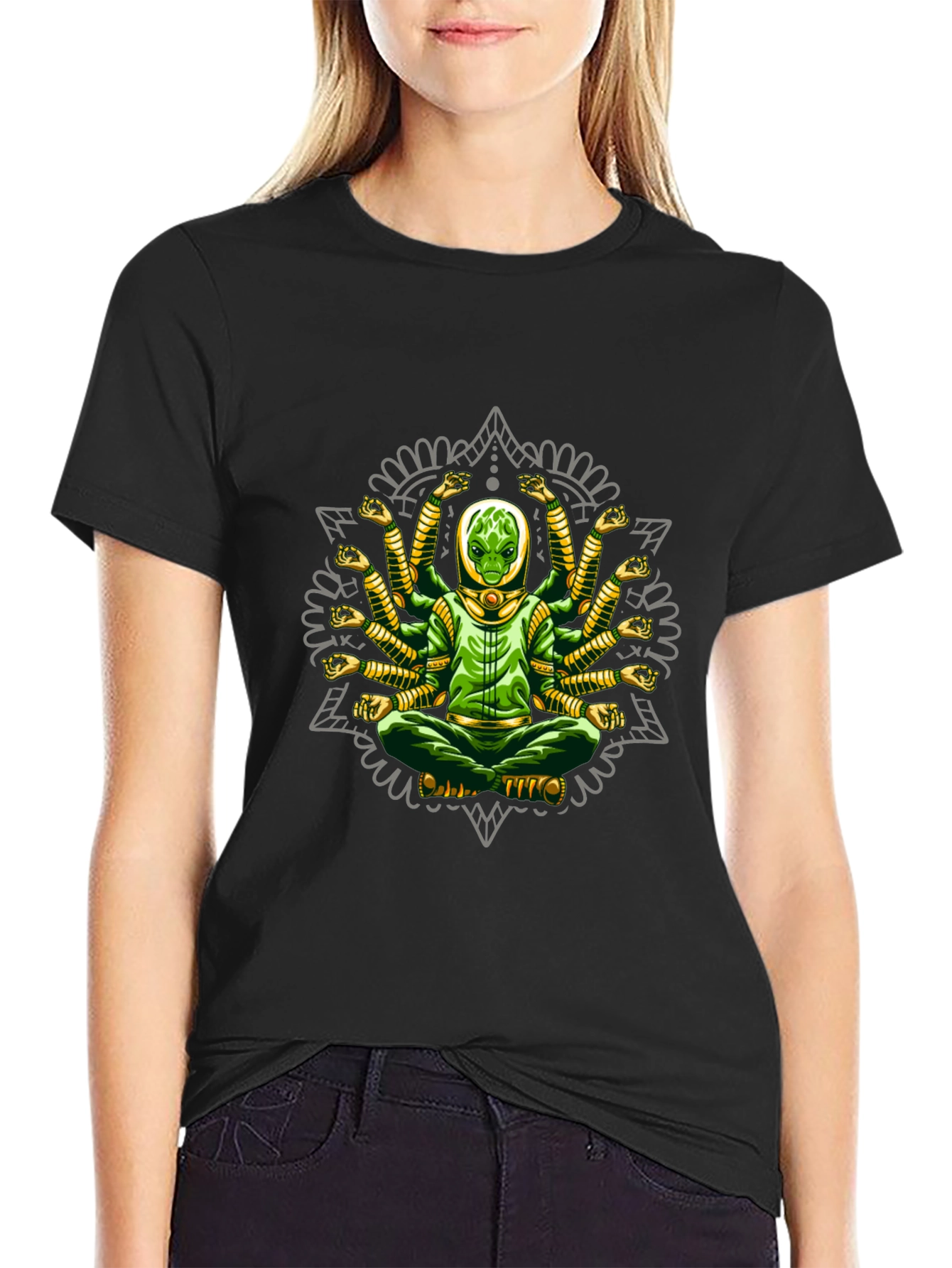 Meditating Alien Mandala Graphic T-Shirt