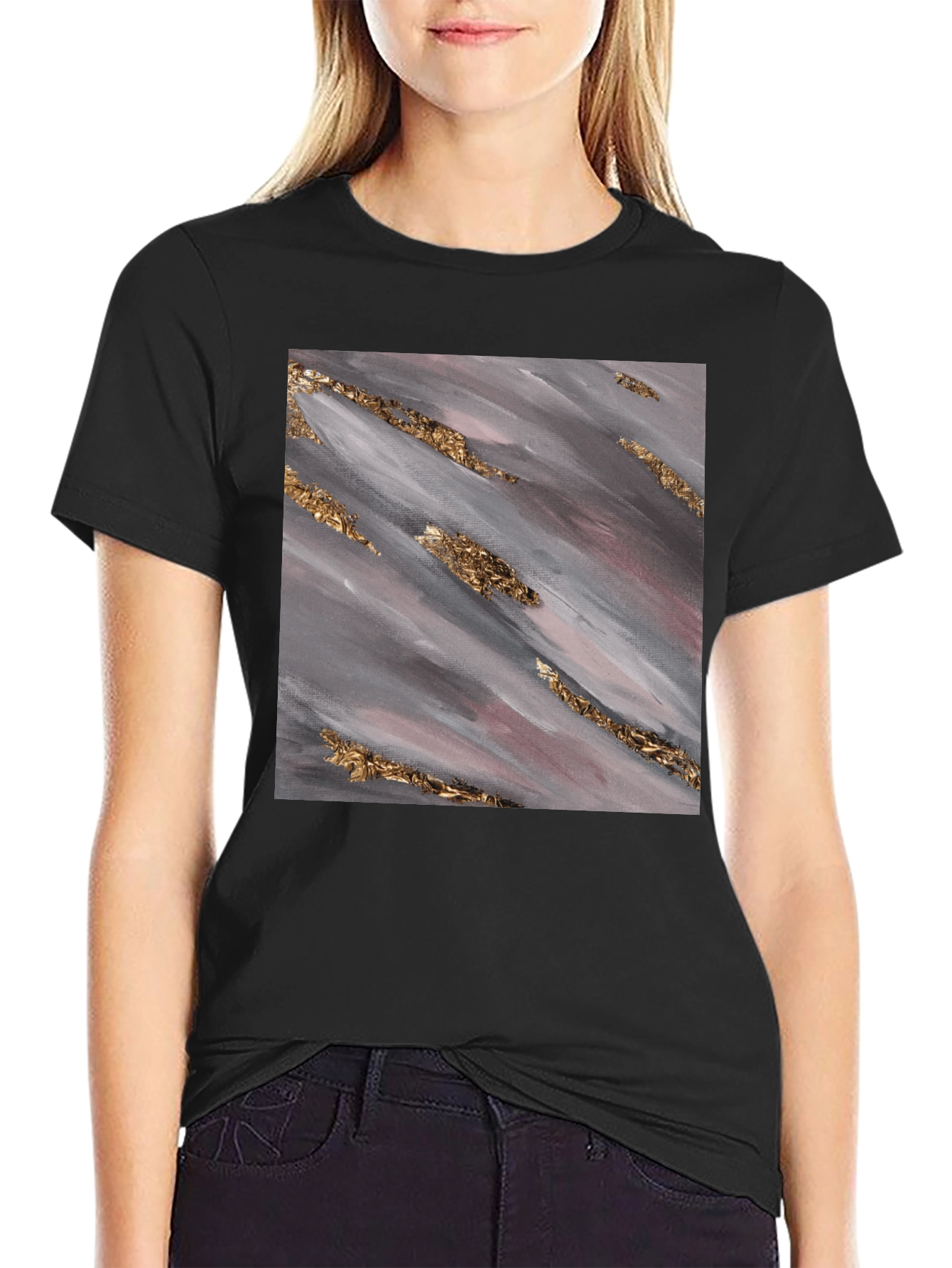 Abstract Gold Streak Graphic Tee - Stylish Black T-Shirt