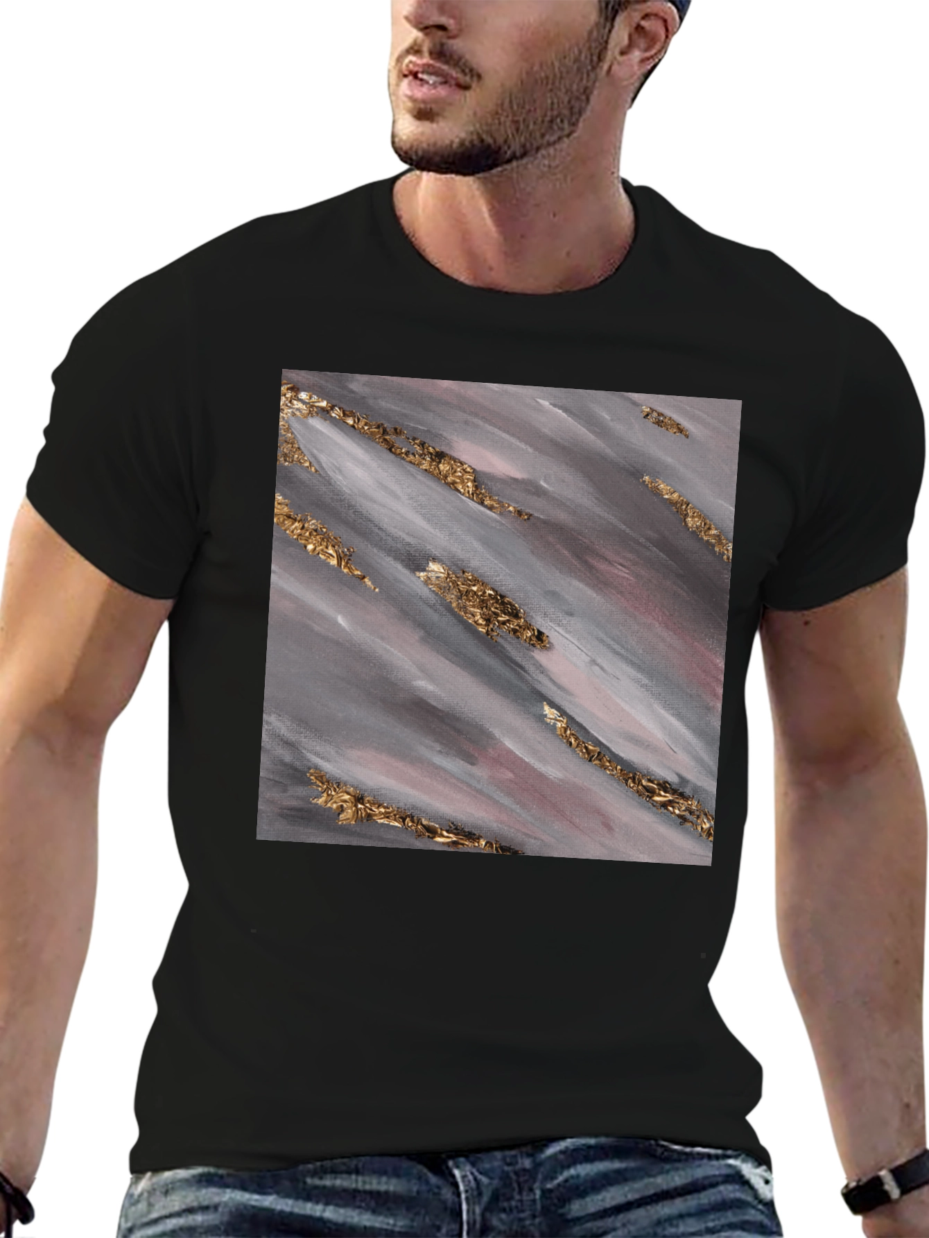 Abstract Gold Streak Graphic Tee - Stylish Black T-Shirt