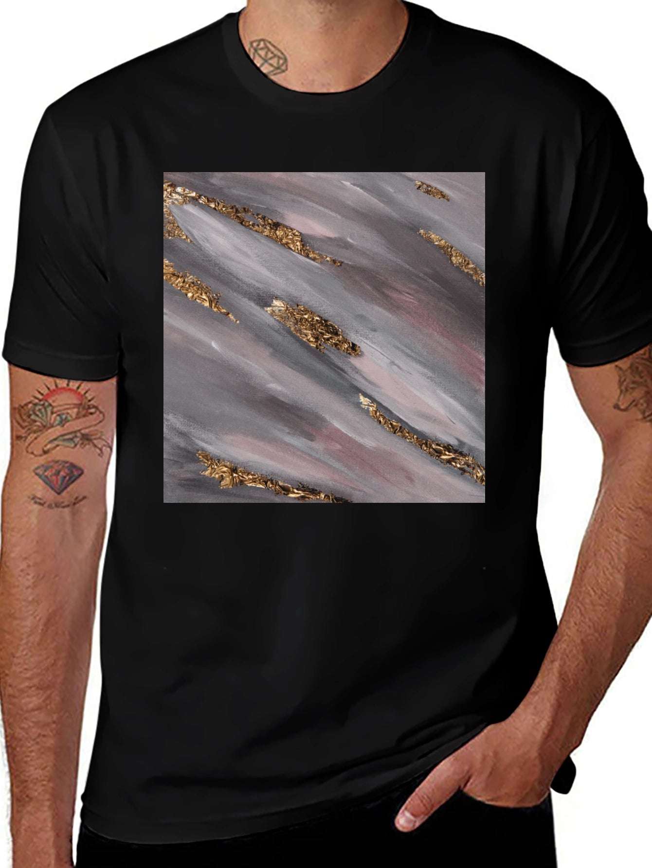 Abstract Gold Streak Graphic Tee - Stylish Black T-Shirt
