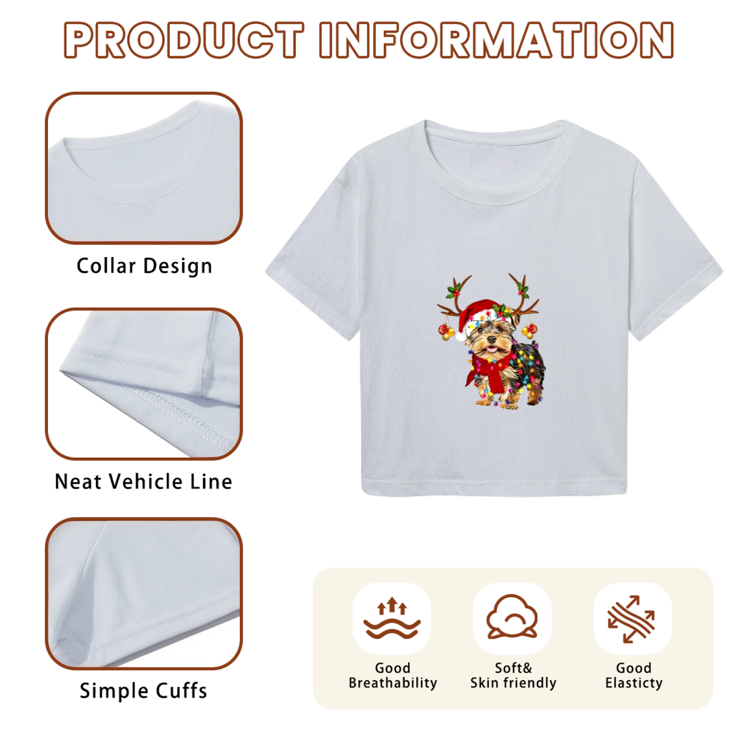 Adorable Yorkie Dog Christmas Lights Reindeer Antlers Holiday Crop Tee