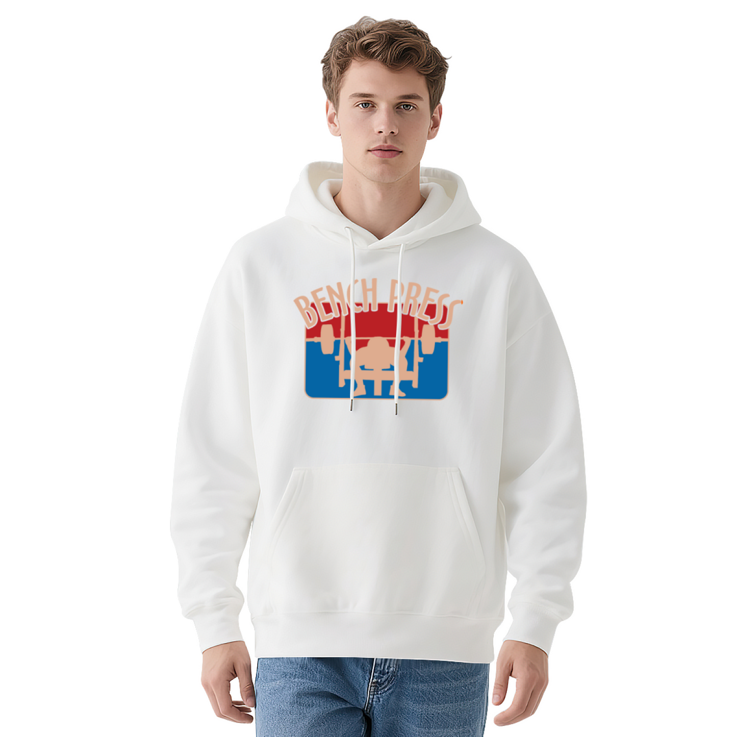 Retro Bench Press Gym Graphic Navy Hoodie, Fitness Enthusiast Soft Hoodie