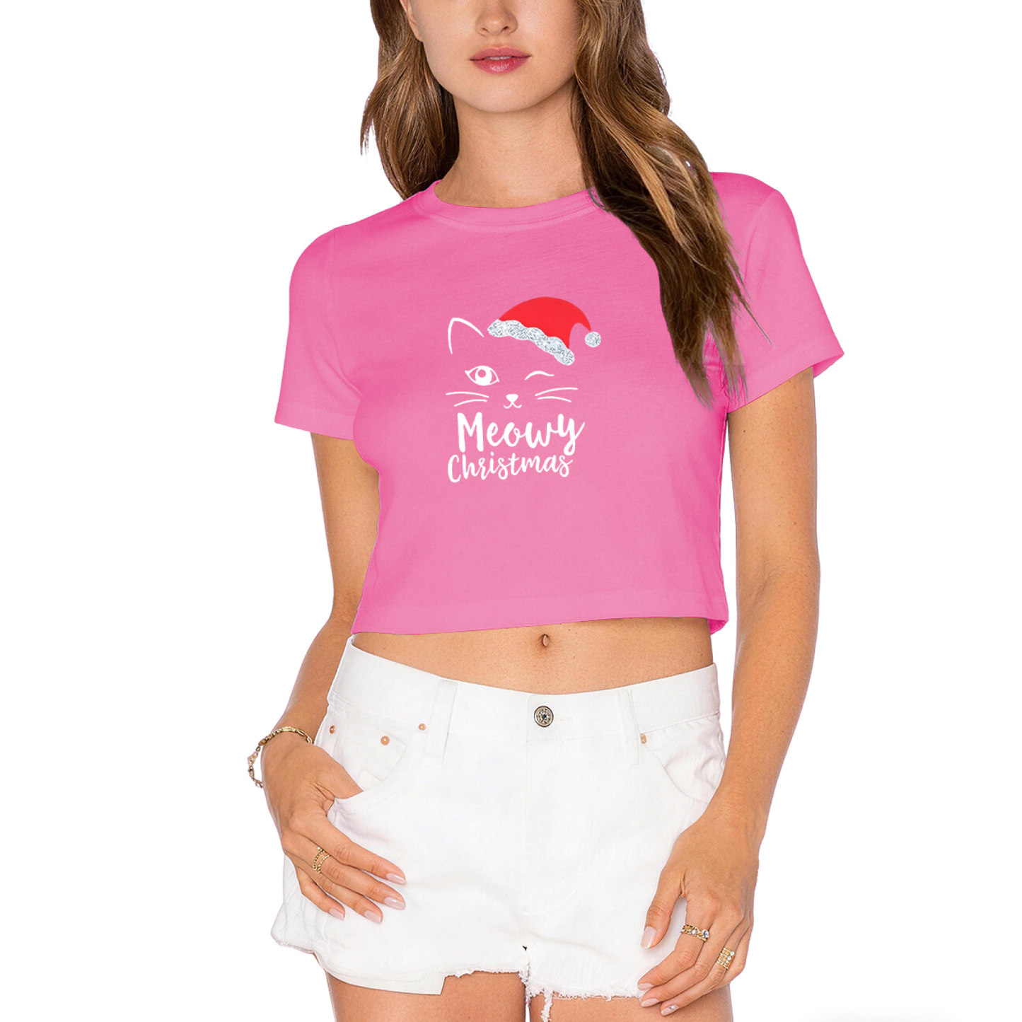 Meowy Christmas Winking Cat Holiday Casual Crop Tee