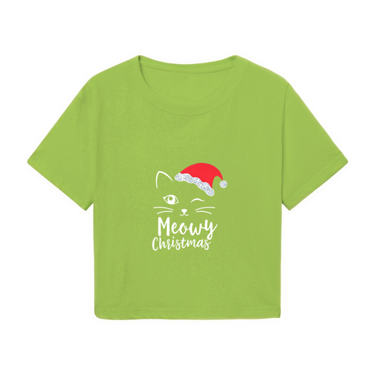 Meowy Christmas Winking Cat Holiday Casual Crop Tee