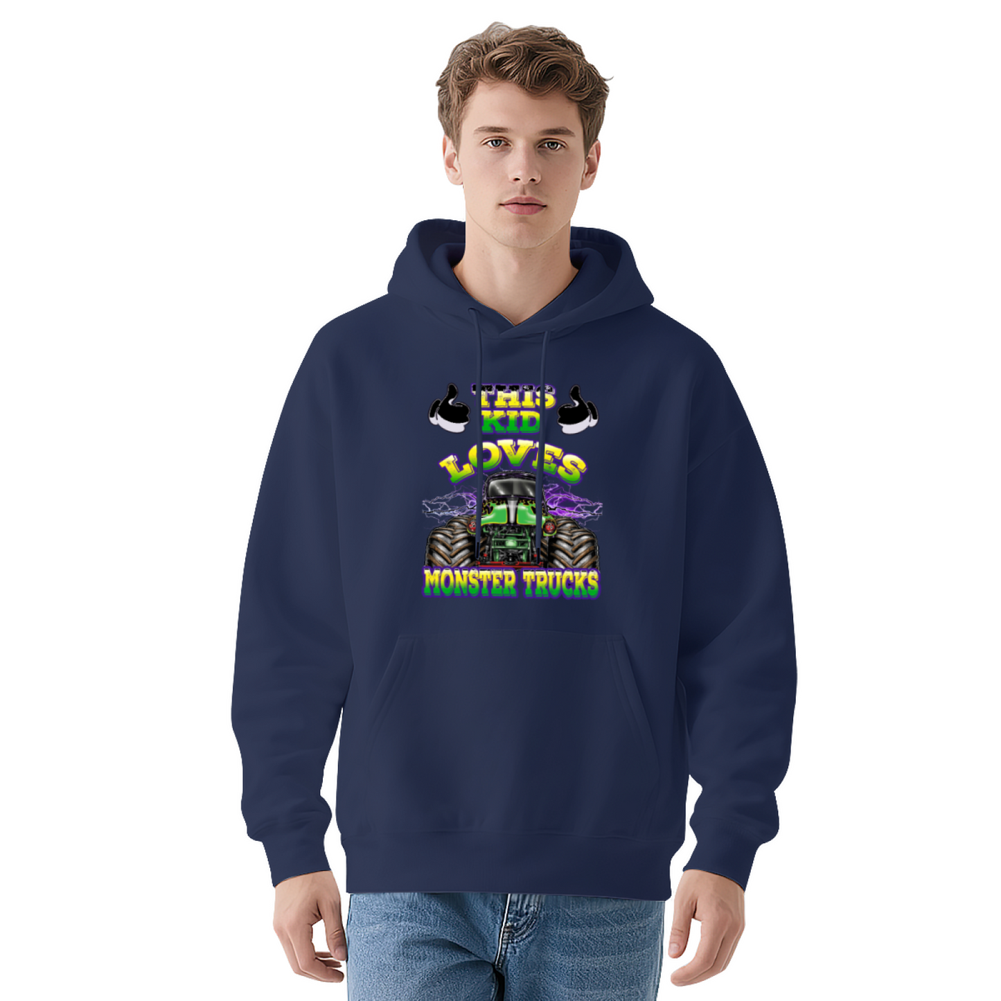 This Kid Loves Monster Trucks White Hoodie, Truck Fan Youth Cozy Top