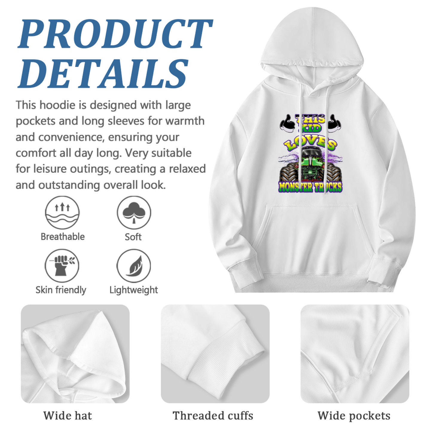 This Kid Loves Monster Trucks White Hoodie, Truck Fan Youth Cozy Top