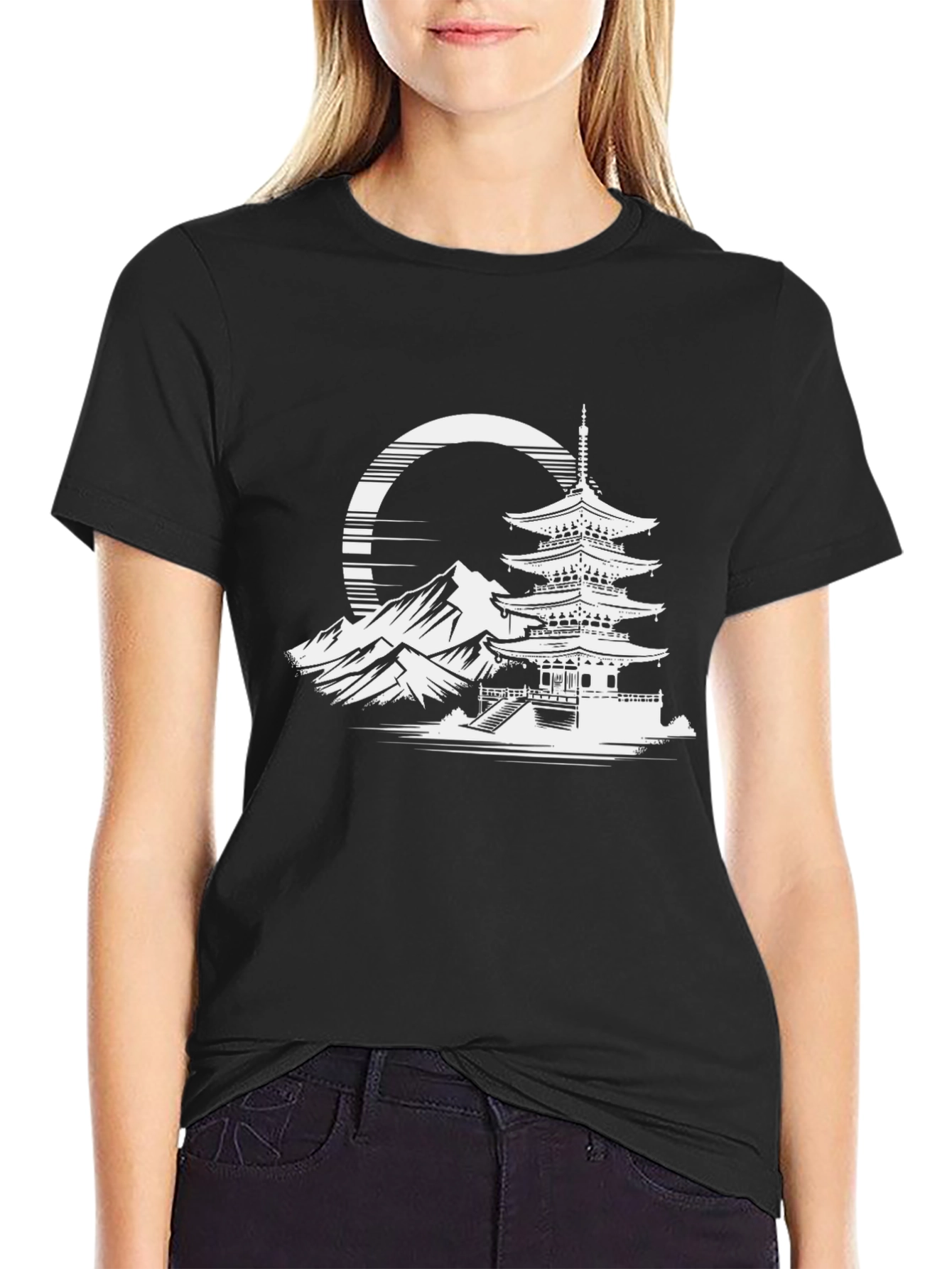 Japanese Pagoda Graphic Tee - Stylish Black T-Shirt