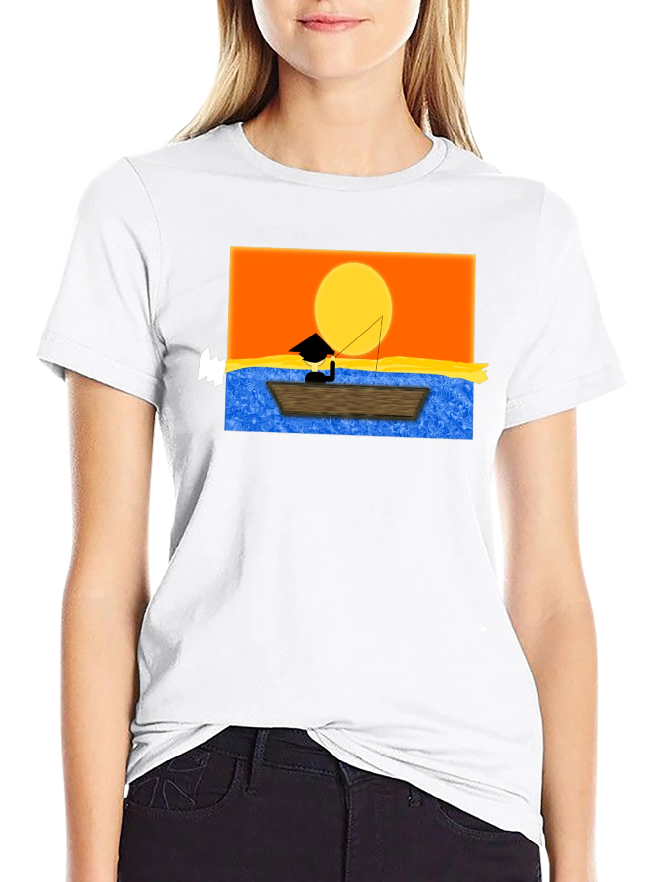 Sunset Fisherman Graphic Tee - Black Cotton Shirt