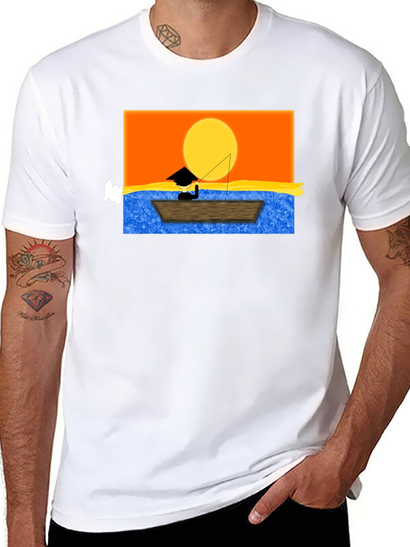 Sunset Fisherman Graphic Tee - Black Cotton Shirt