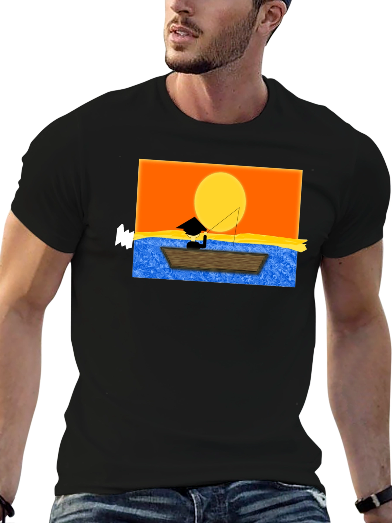 Sunset Fisherman Graphic Tee - Black Cotton Shirt