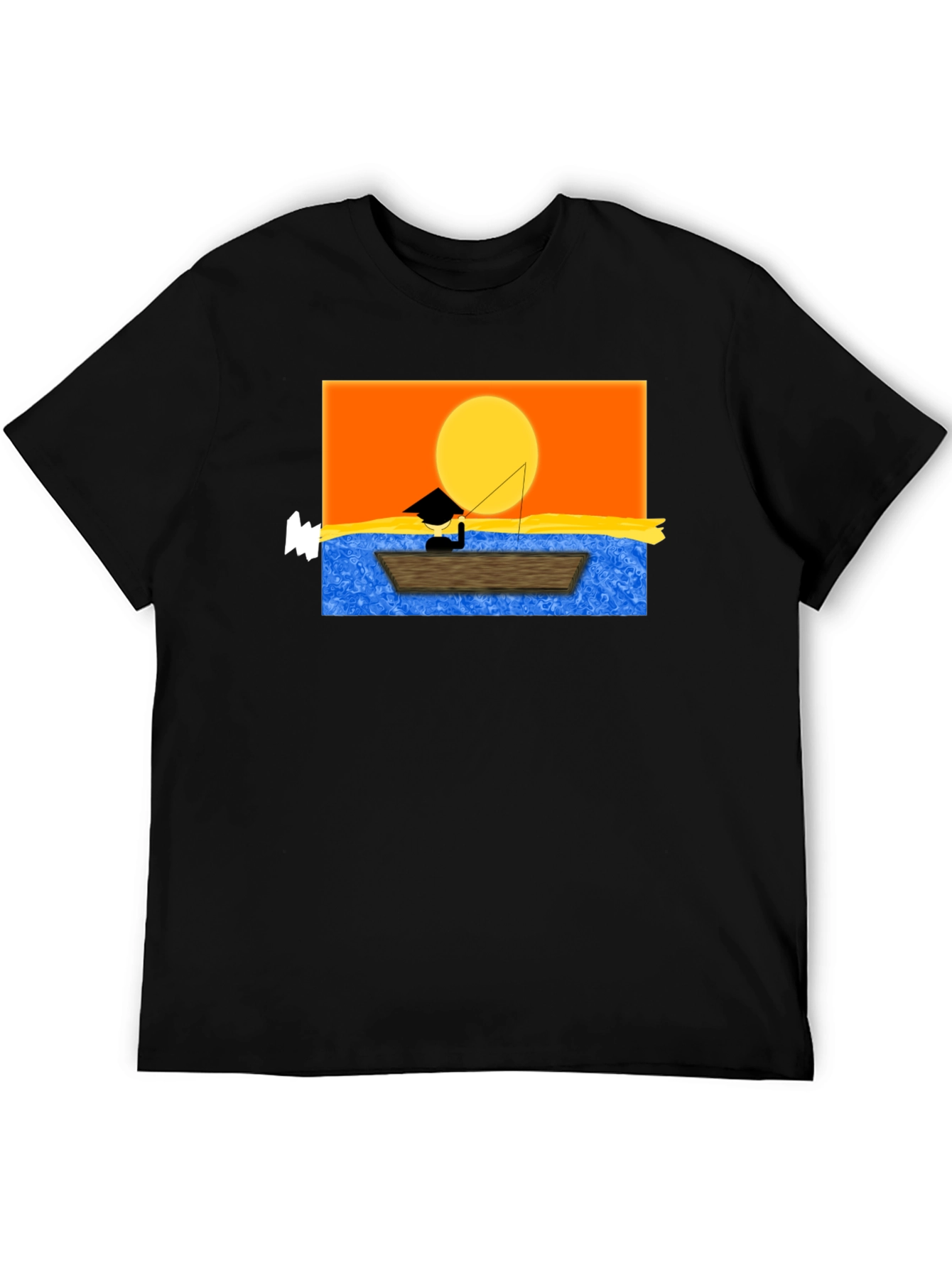 Sunset Fisherman Graphic Tee - Black Cotton Shirt
