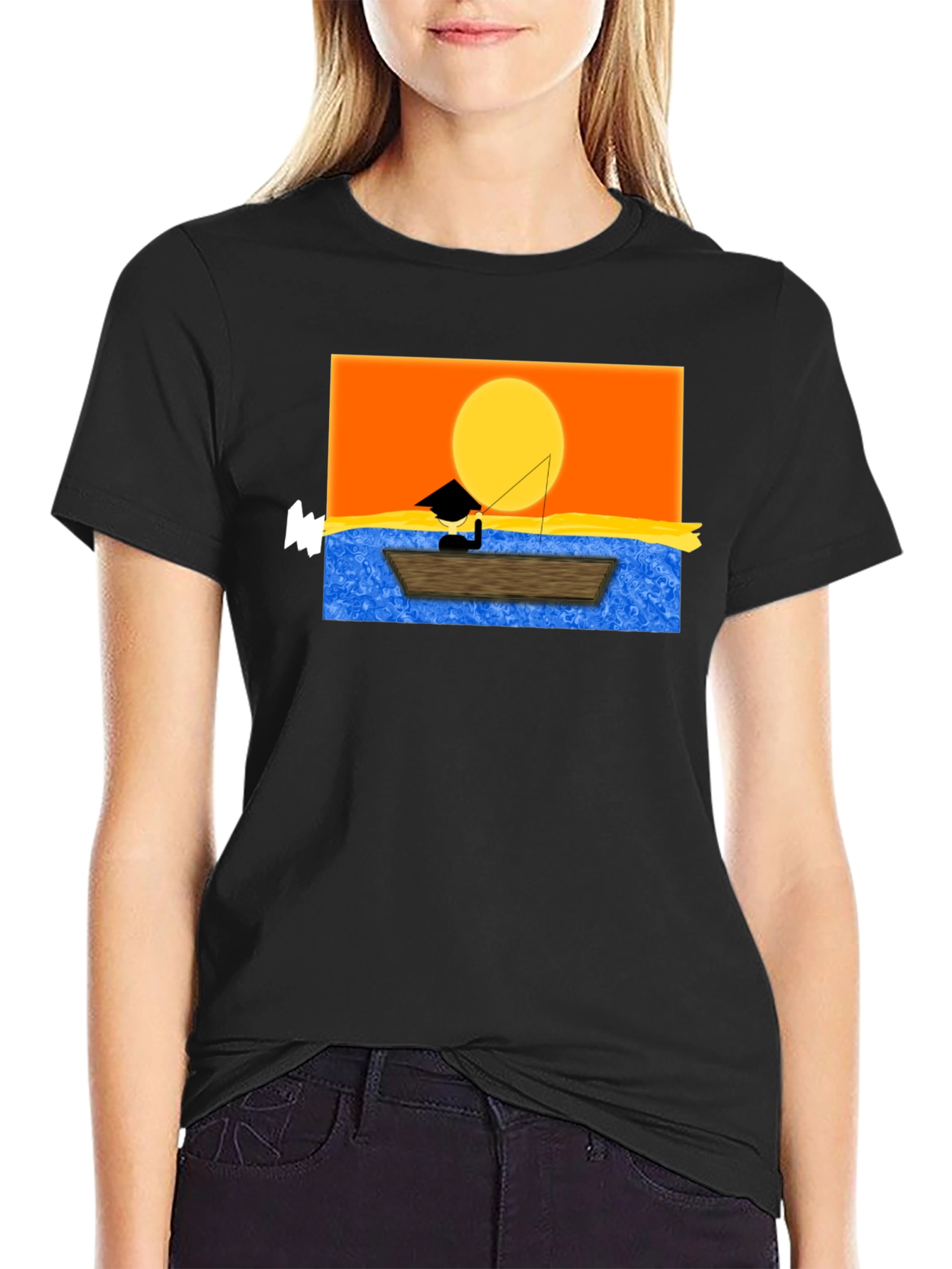 Sunset Fisherman Graphic Tee - Black Cotton Shirt
