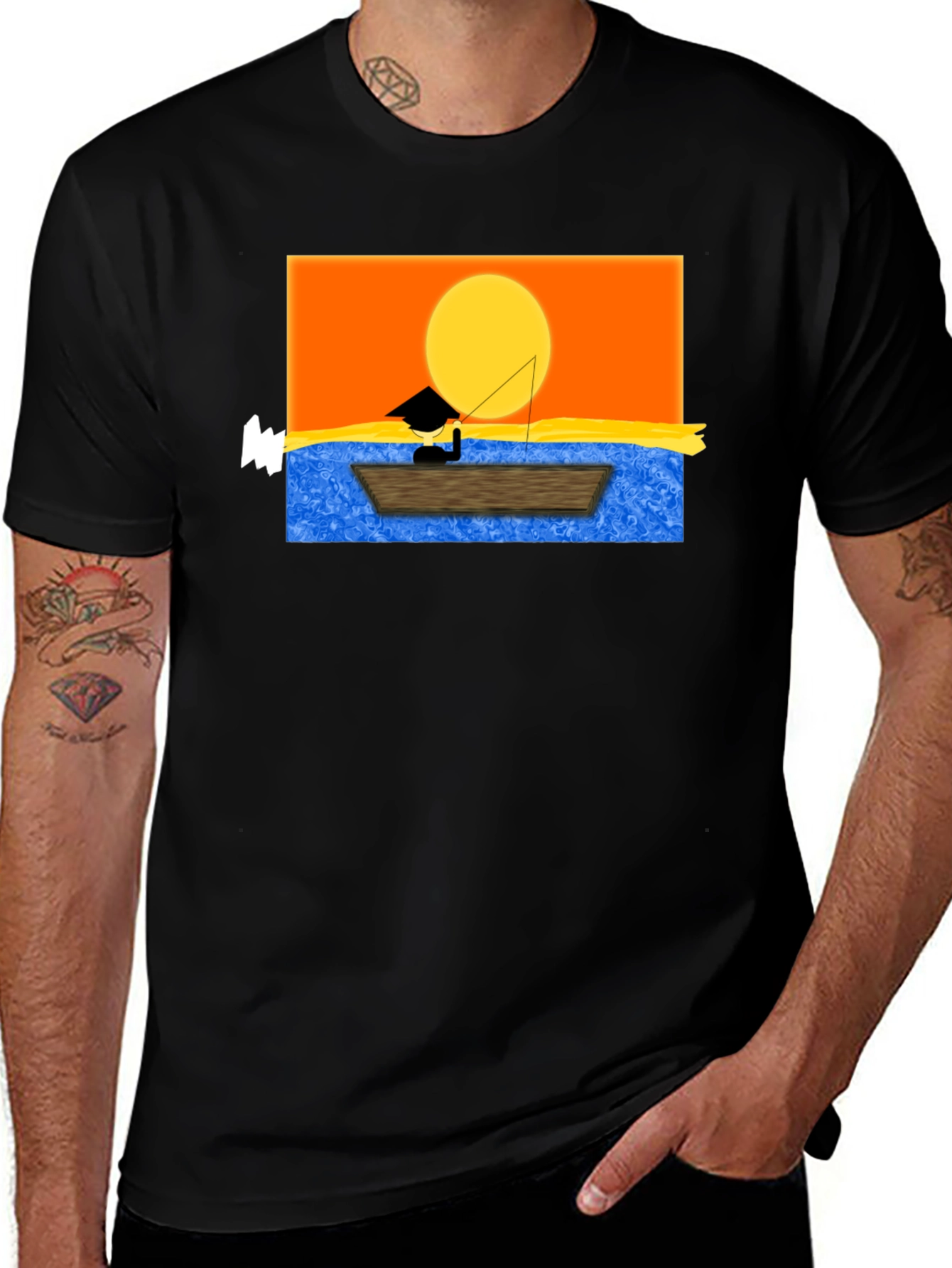 Sunset Fisherman Graphic Tee - Black Cotton Shirt