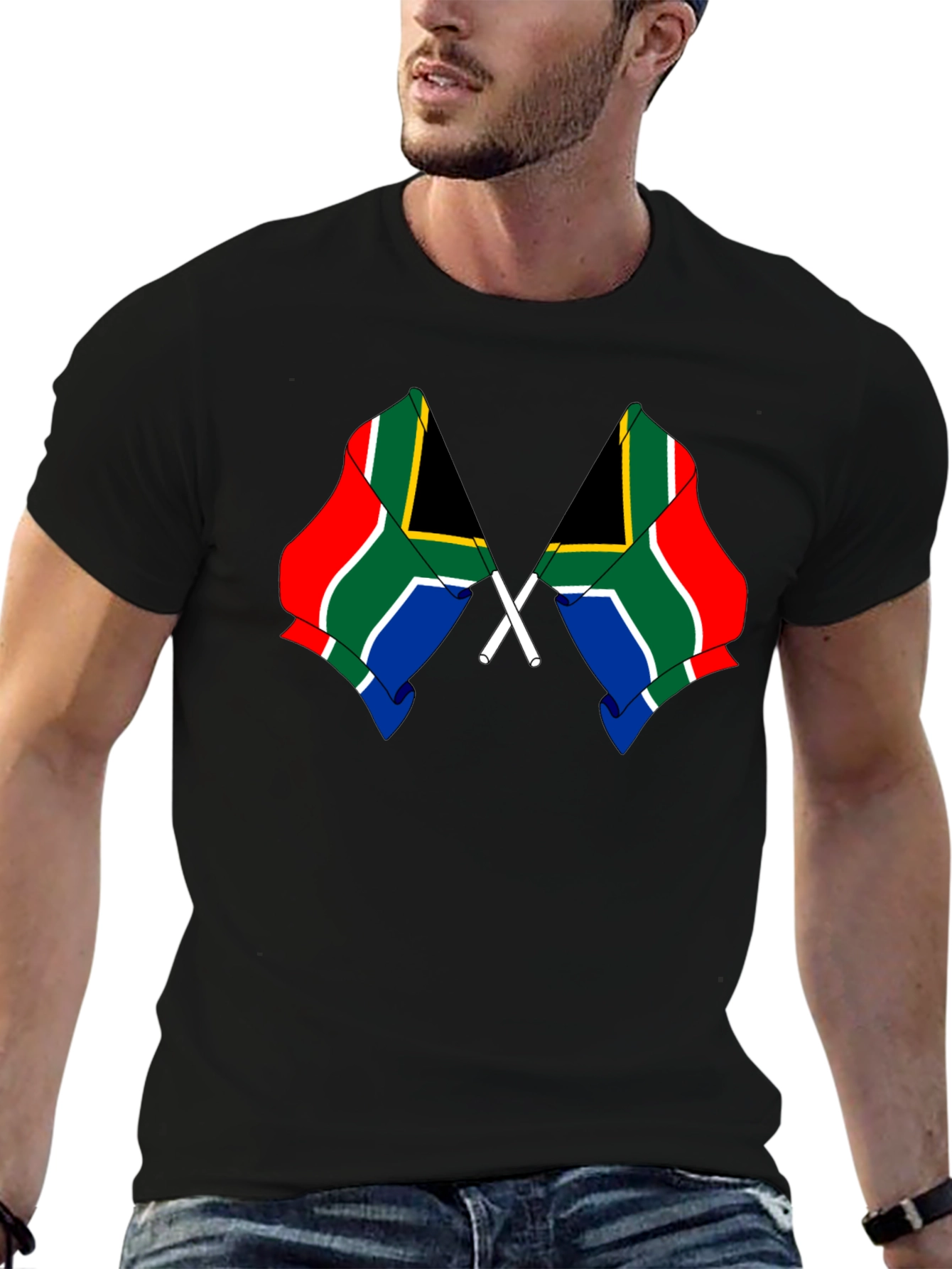 South Africa Flag Graphic Tee - Black Cotton Shirt