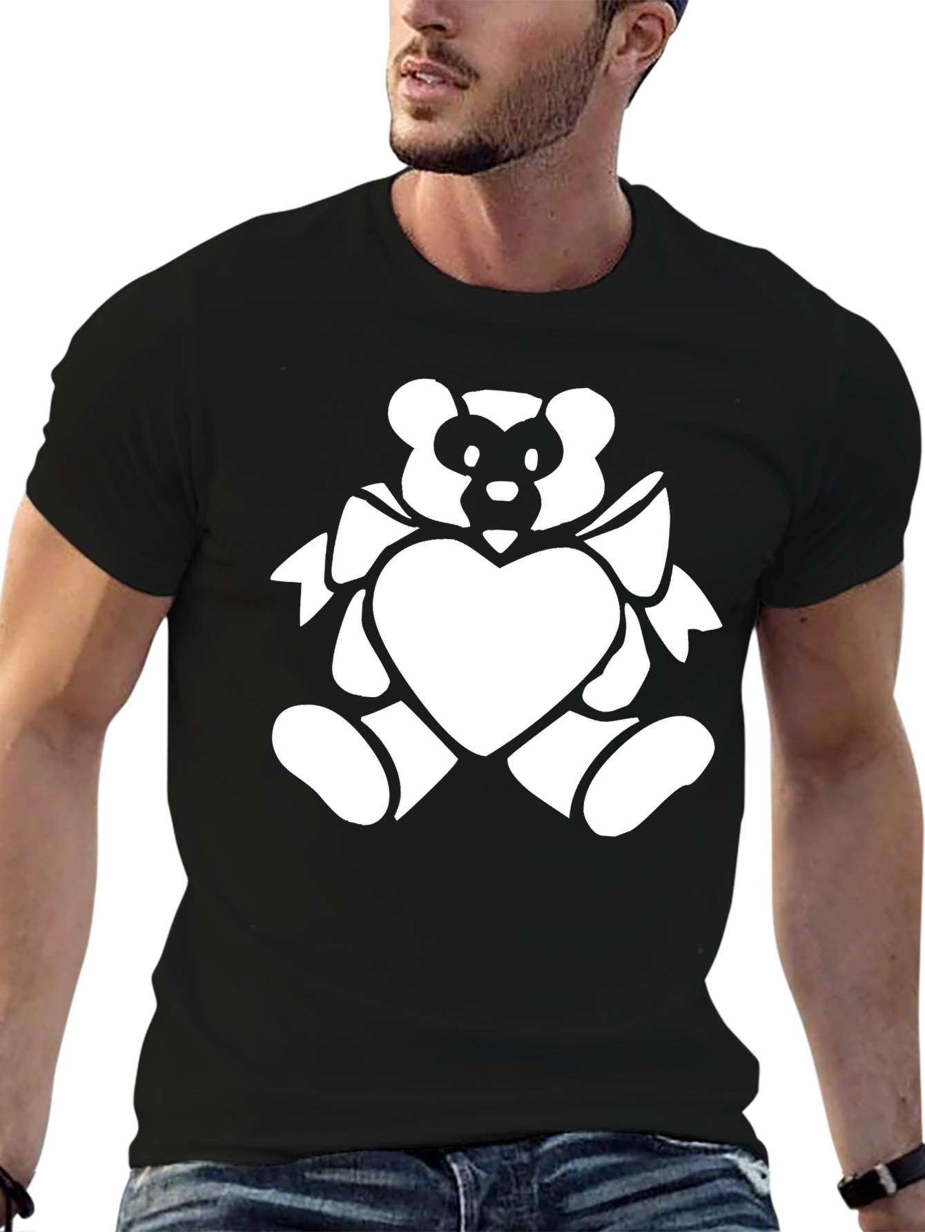 Black T-Shirt with White Bear Heart Graphic