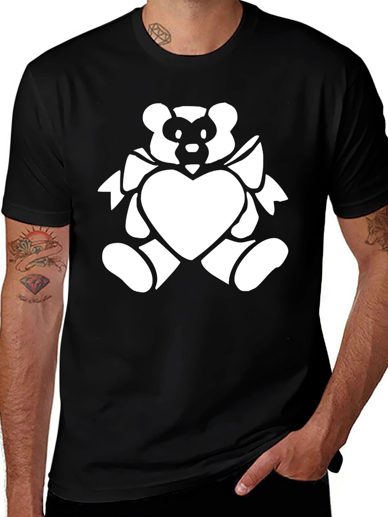 Black T-Shirt with White Bear Heart Graphic