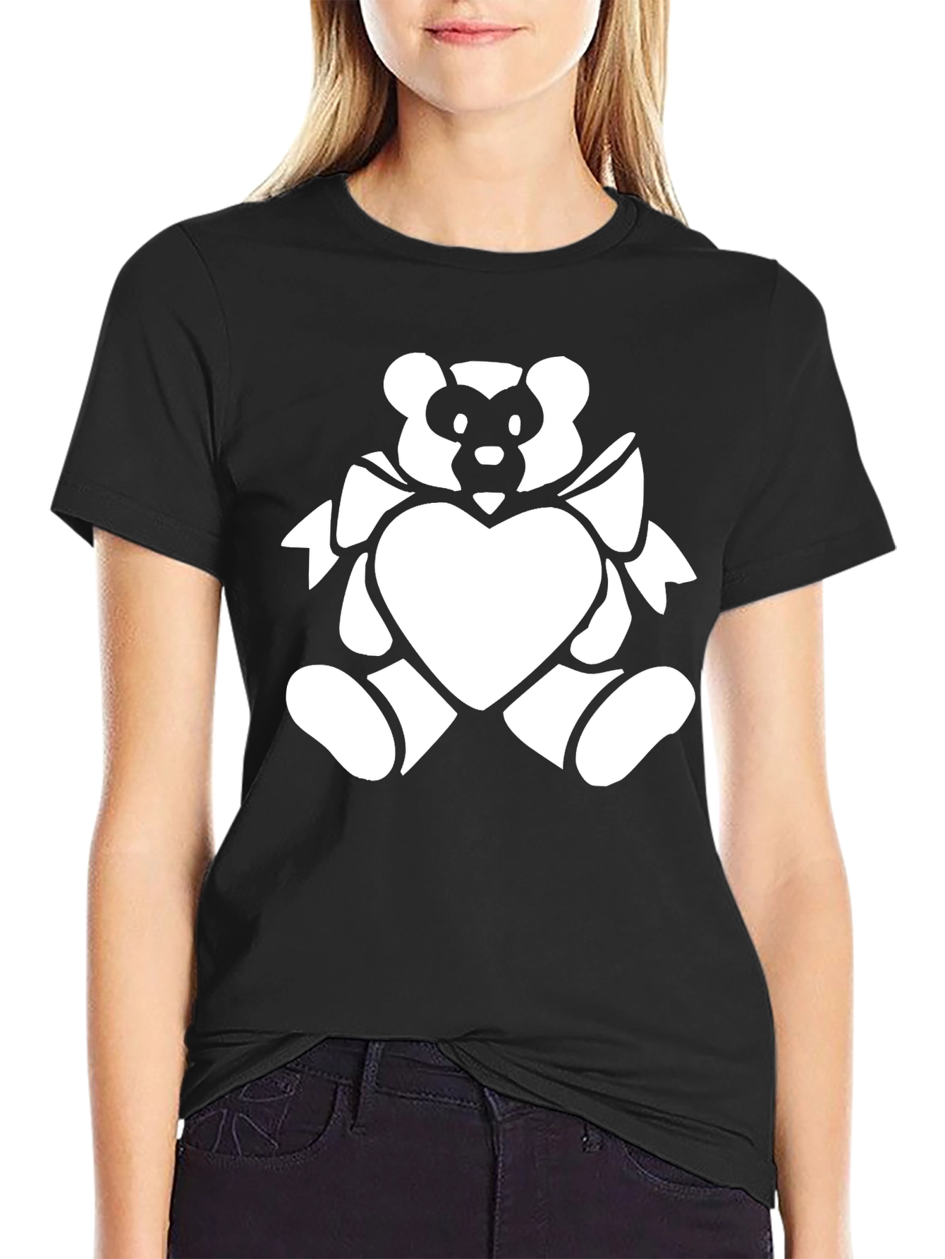 Black T-Shirt with White Bear Heart Graphic