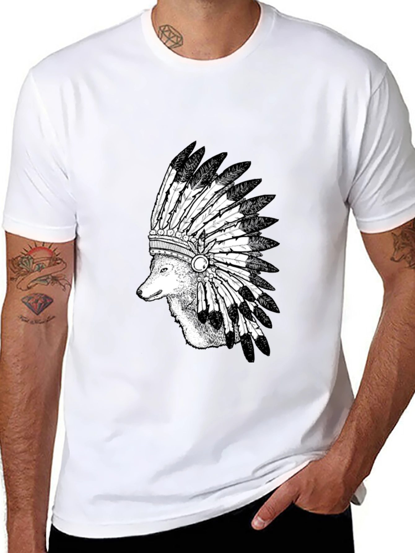 Wolf Headdress Graphic Tee - Black Cotton