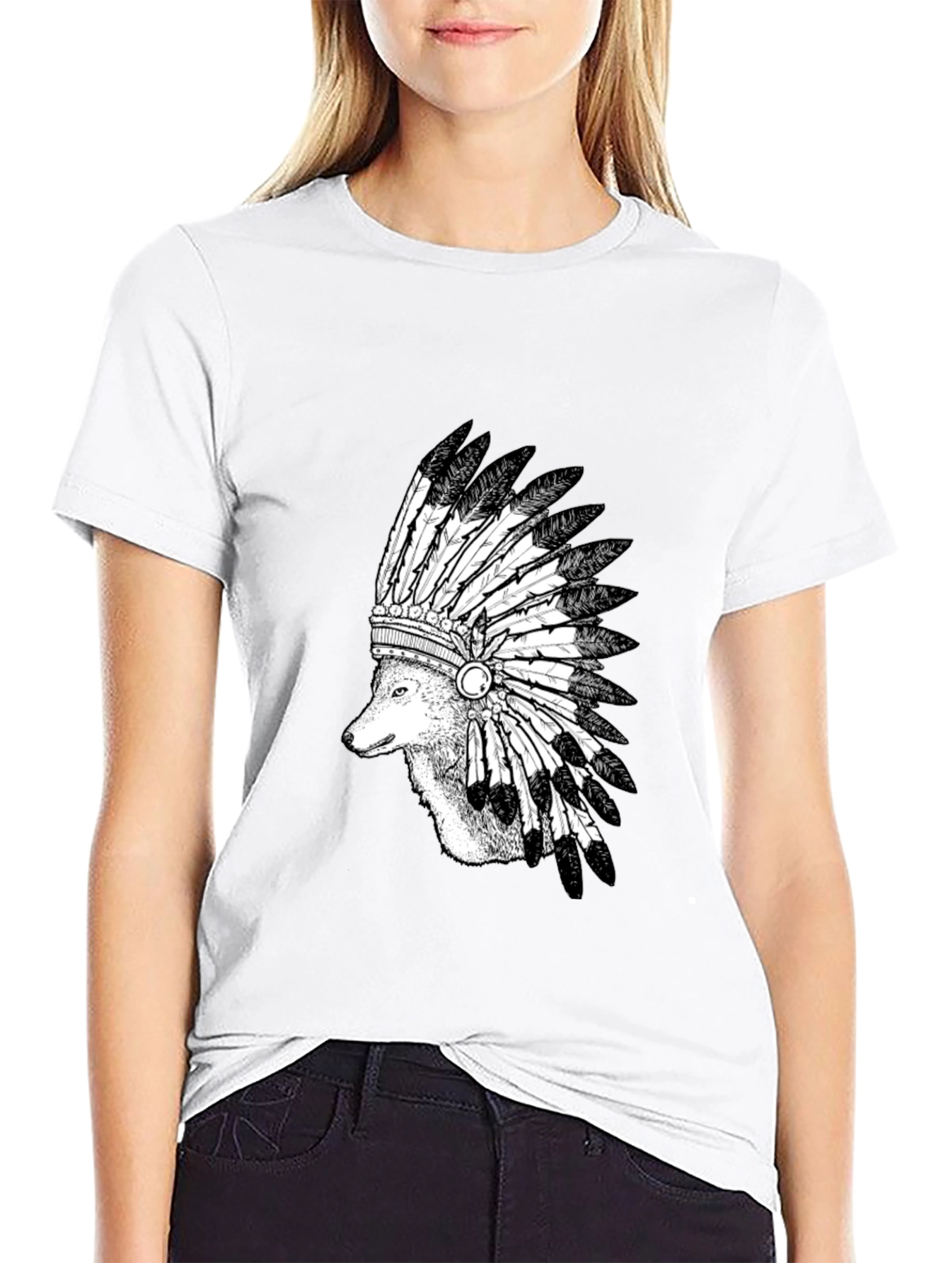 Wolf Headdress Graphic Tee - Black Cotton