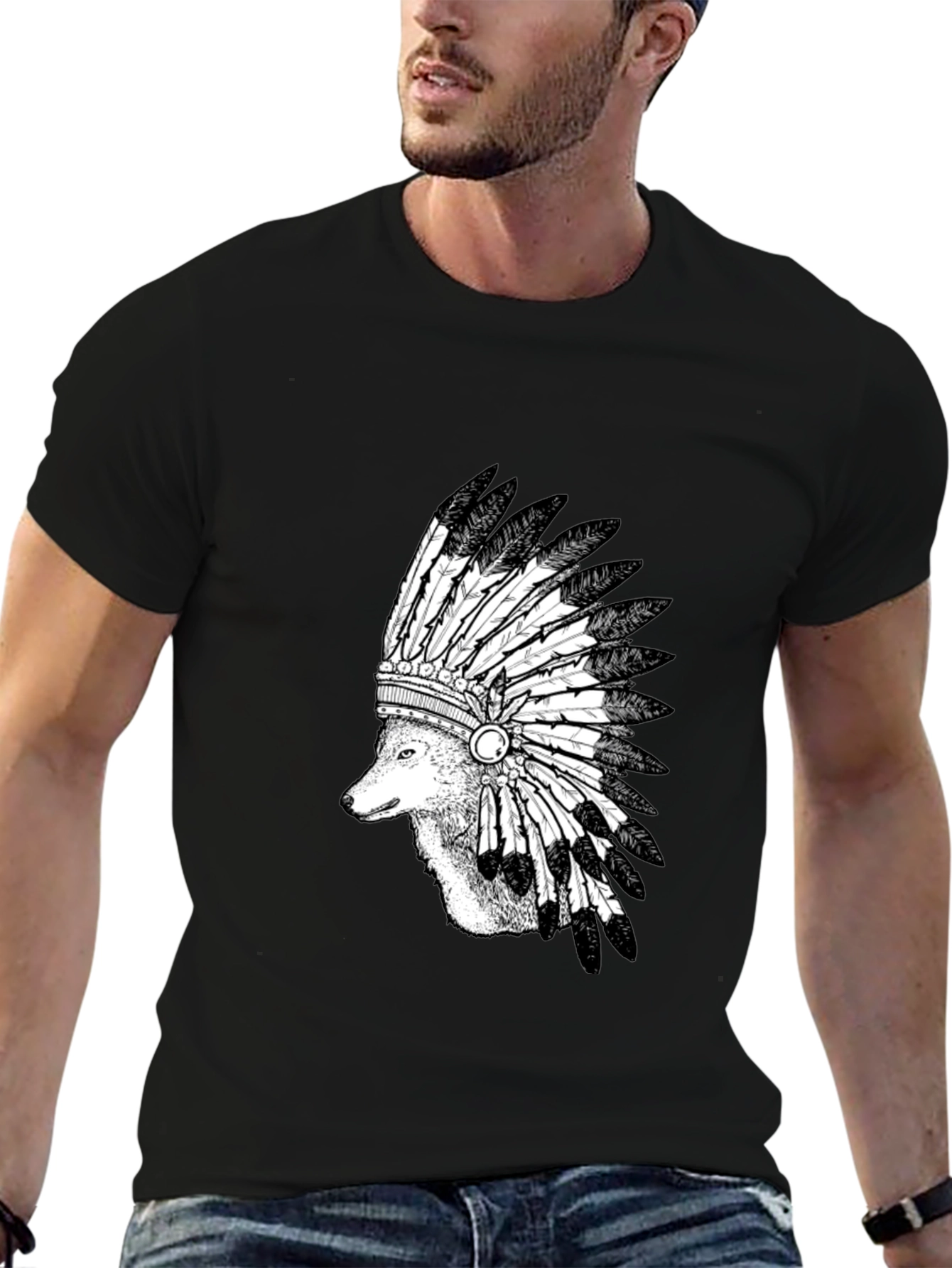 Wolf Headdress Graphic Tee - Black Cotton