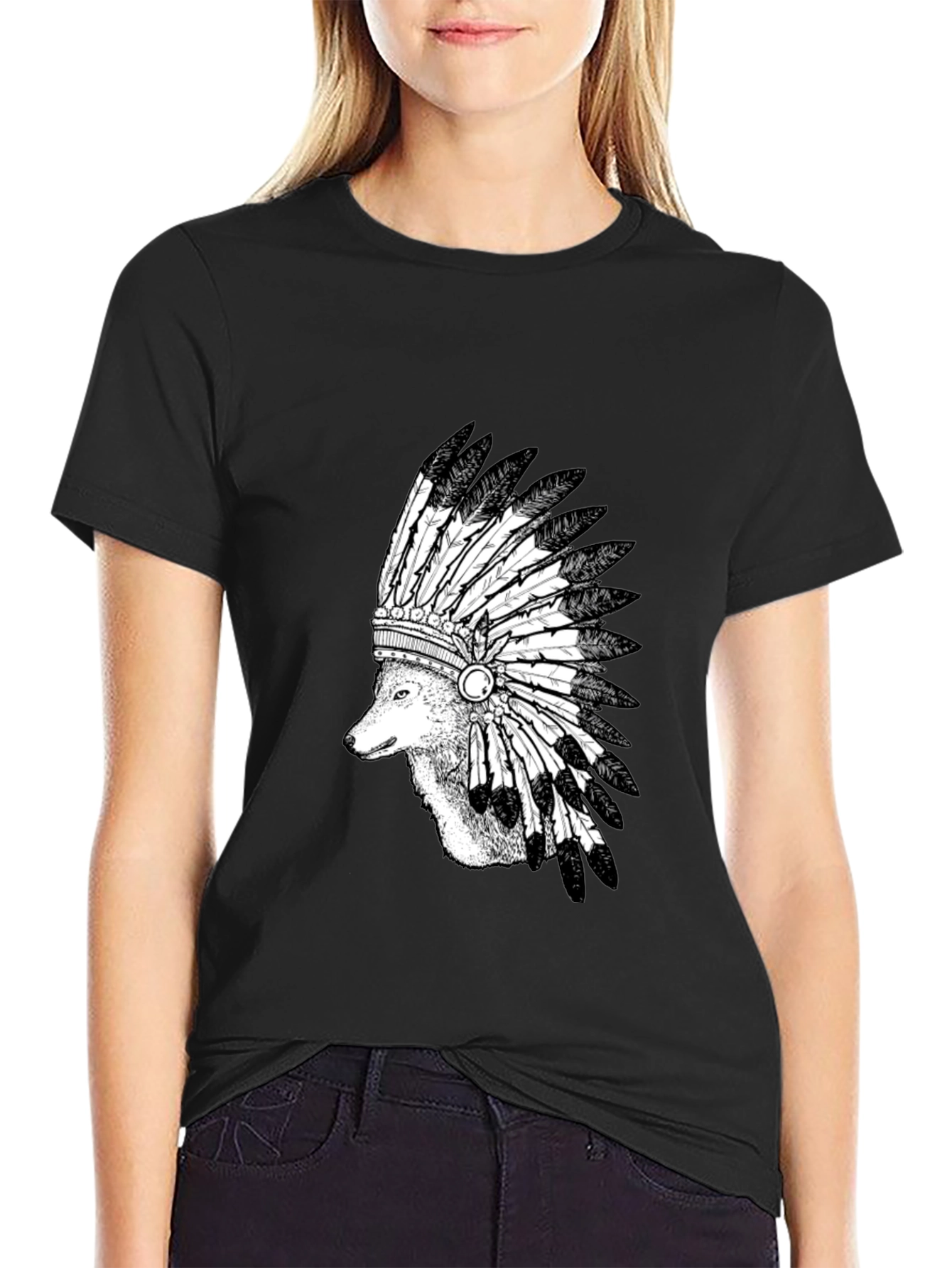 Wolf Headdress Graphic Tee - Black Cotton