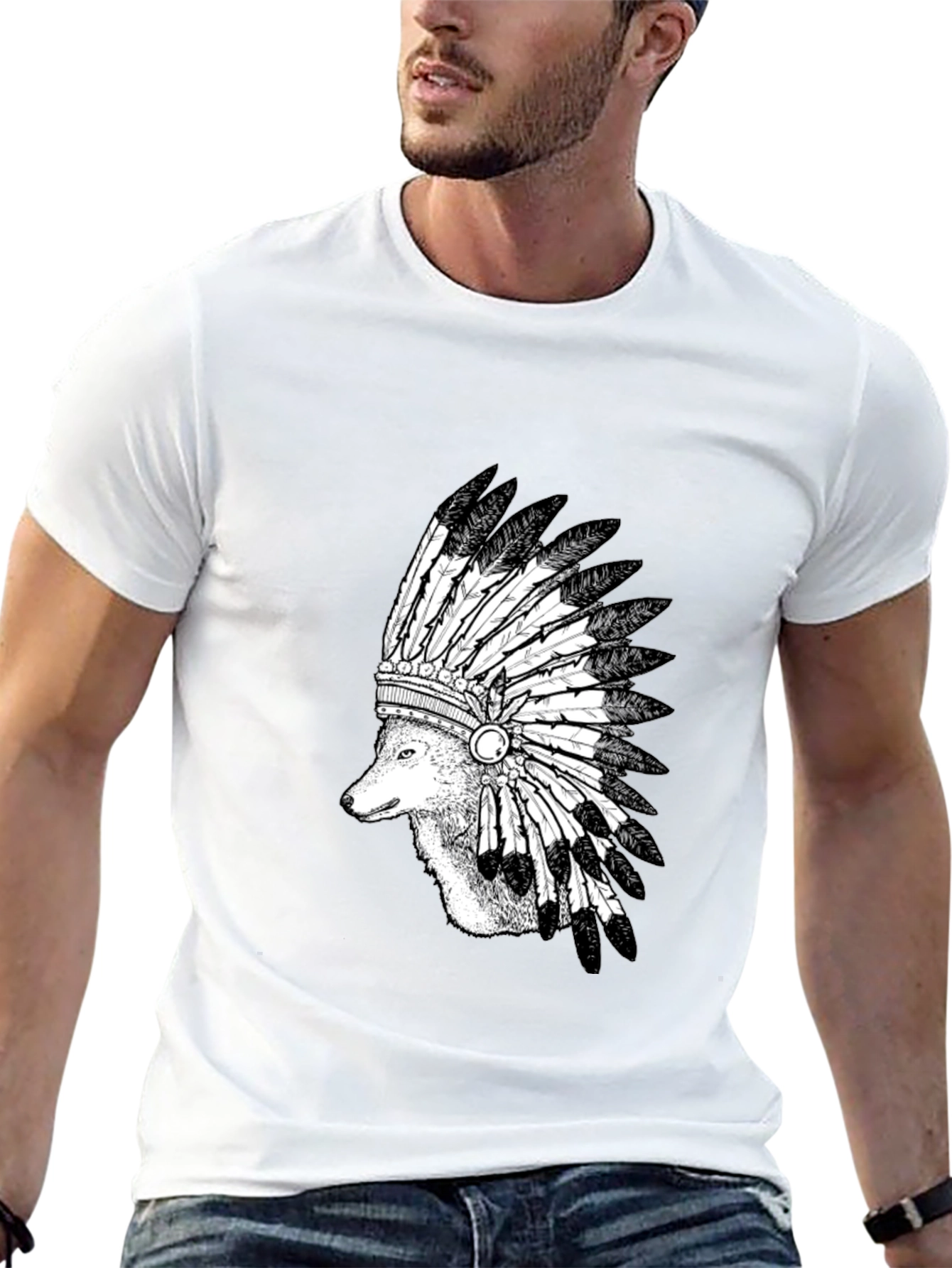 Wolf Headdress Graphic Tee - Black Cotton
