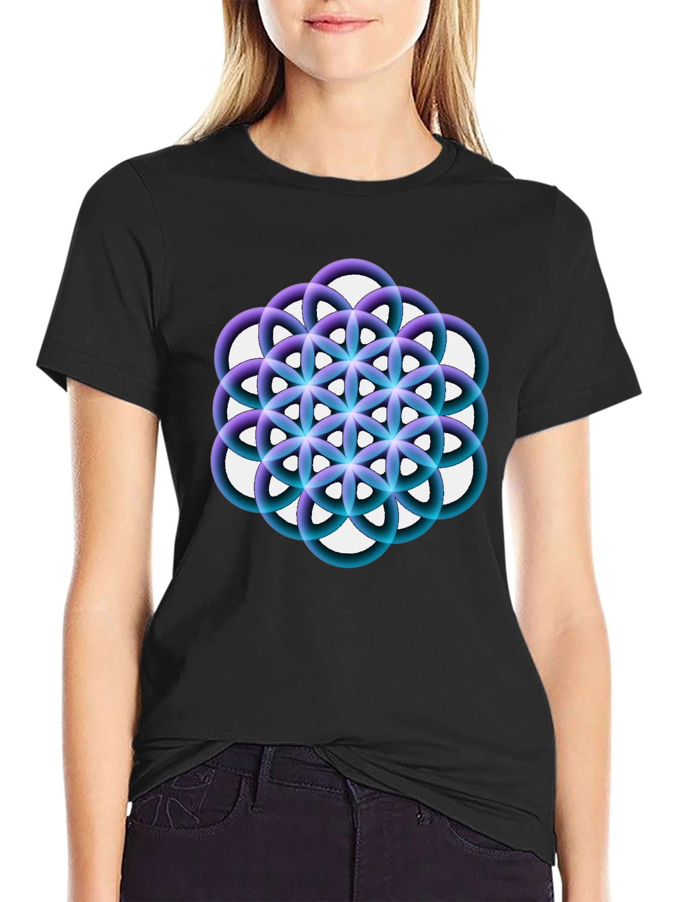 Geometric Circle Flower Black Graphic Tee