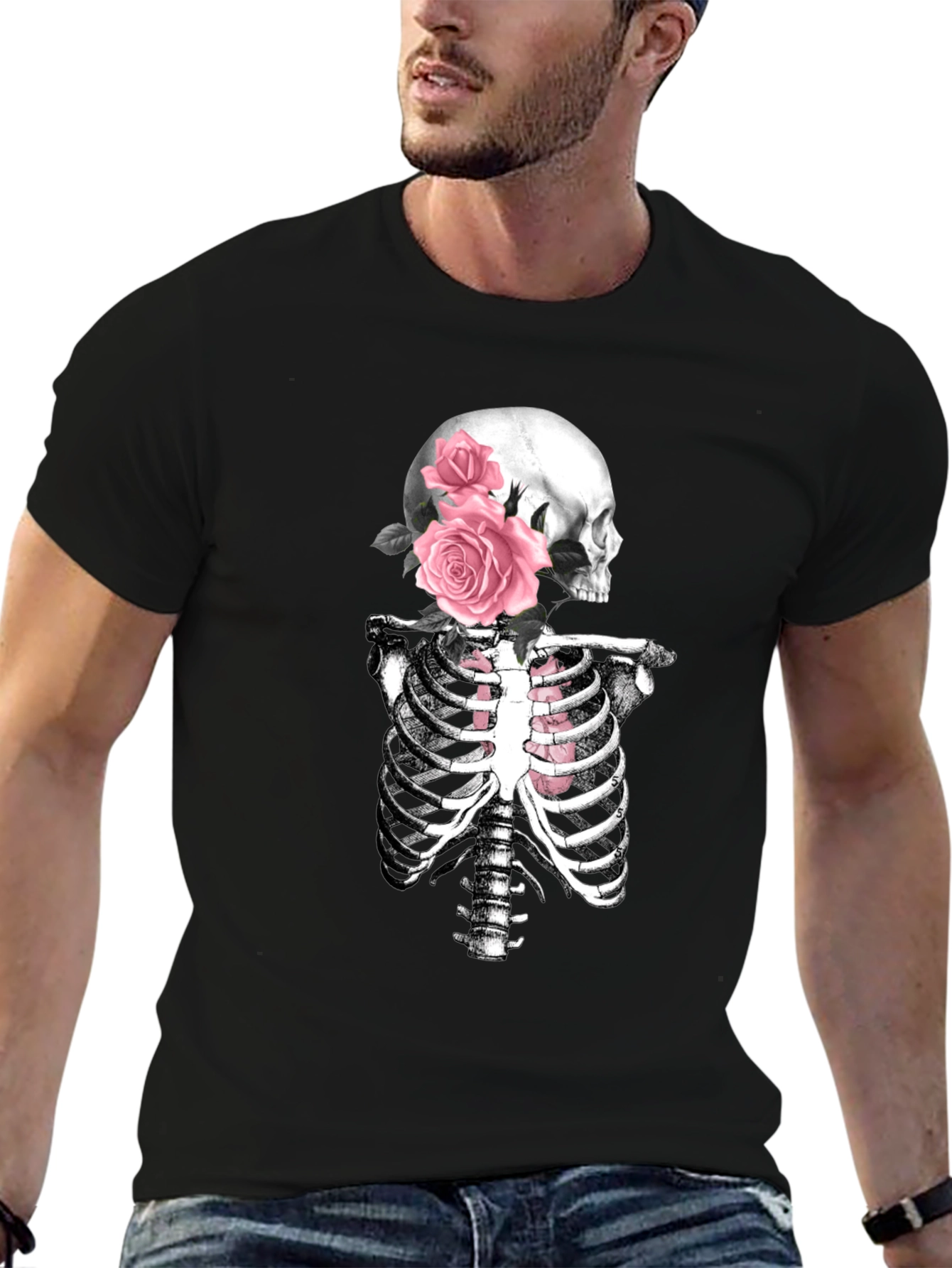 Floral Skull & Ribcage T-Shirt - Gothic Style