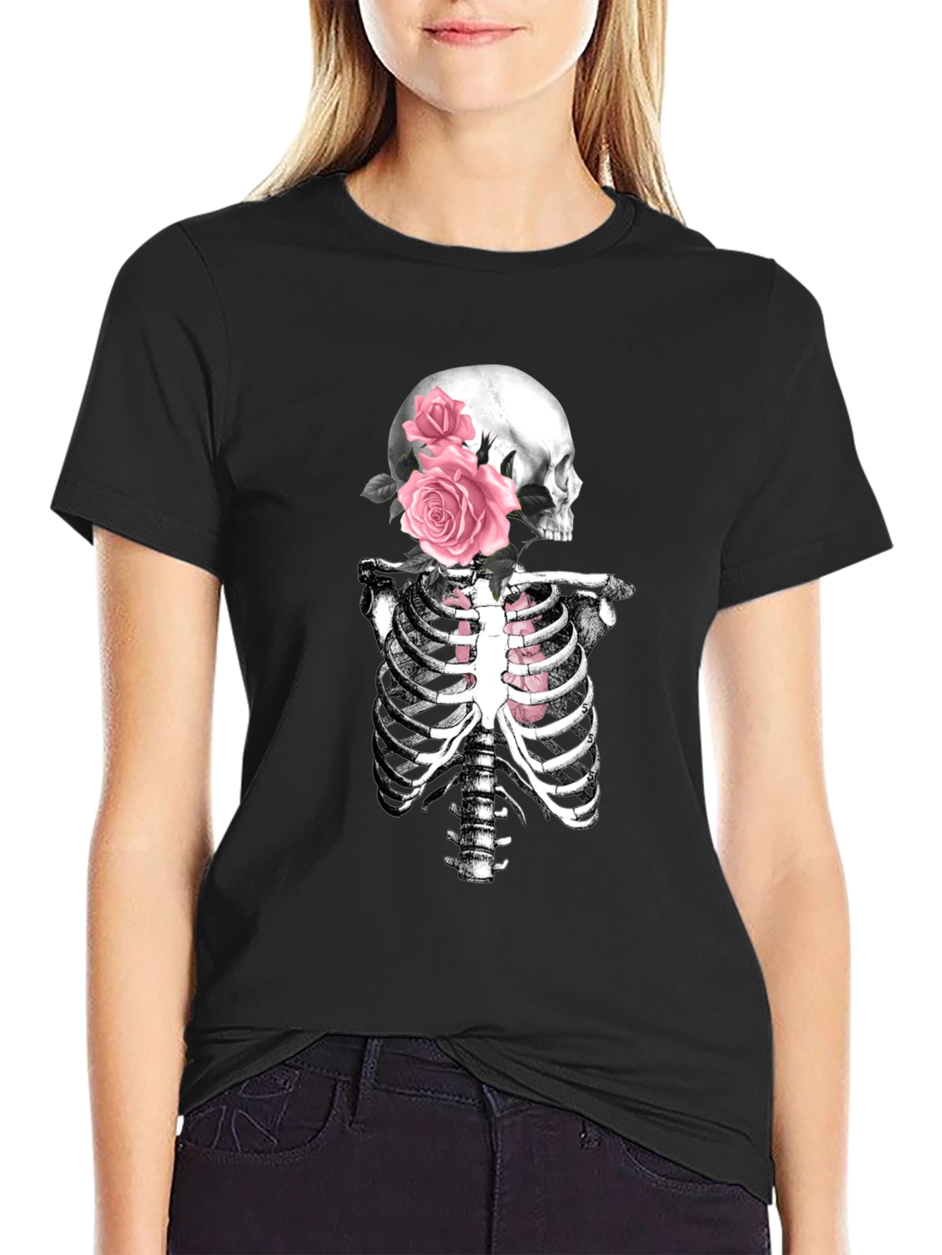 Floral Skull & Ribcage T-Shirt - Gothic Style