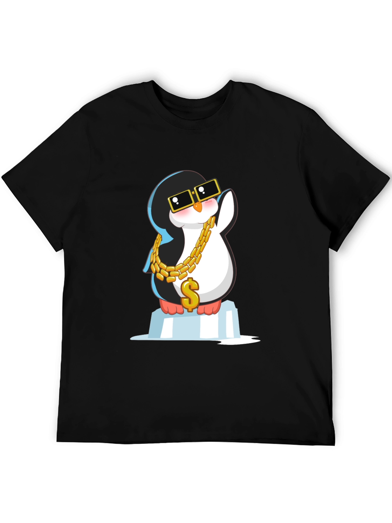 Cool Penguin Black T-Shirt with Gold Chain
