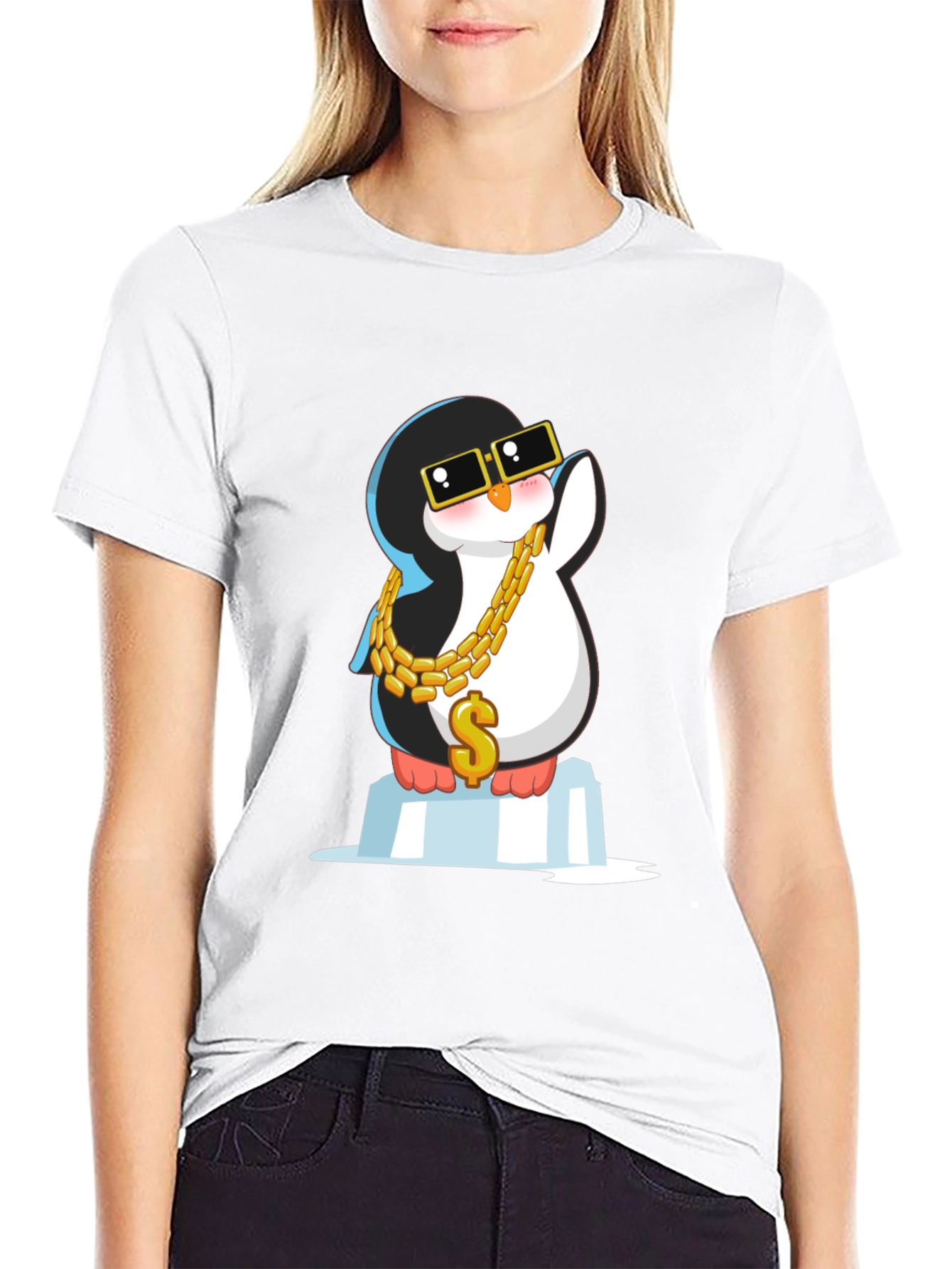Cool Penguin Black T-Shirt with Gold Chain