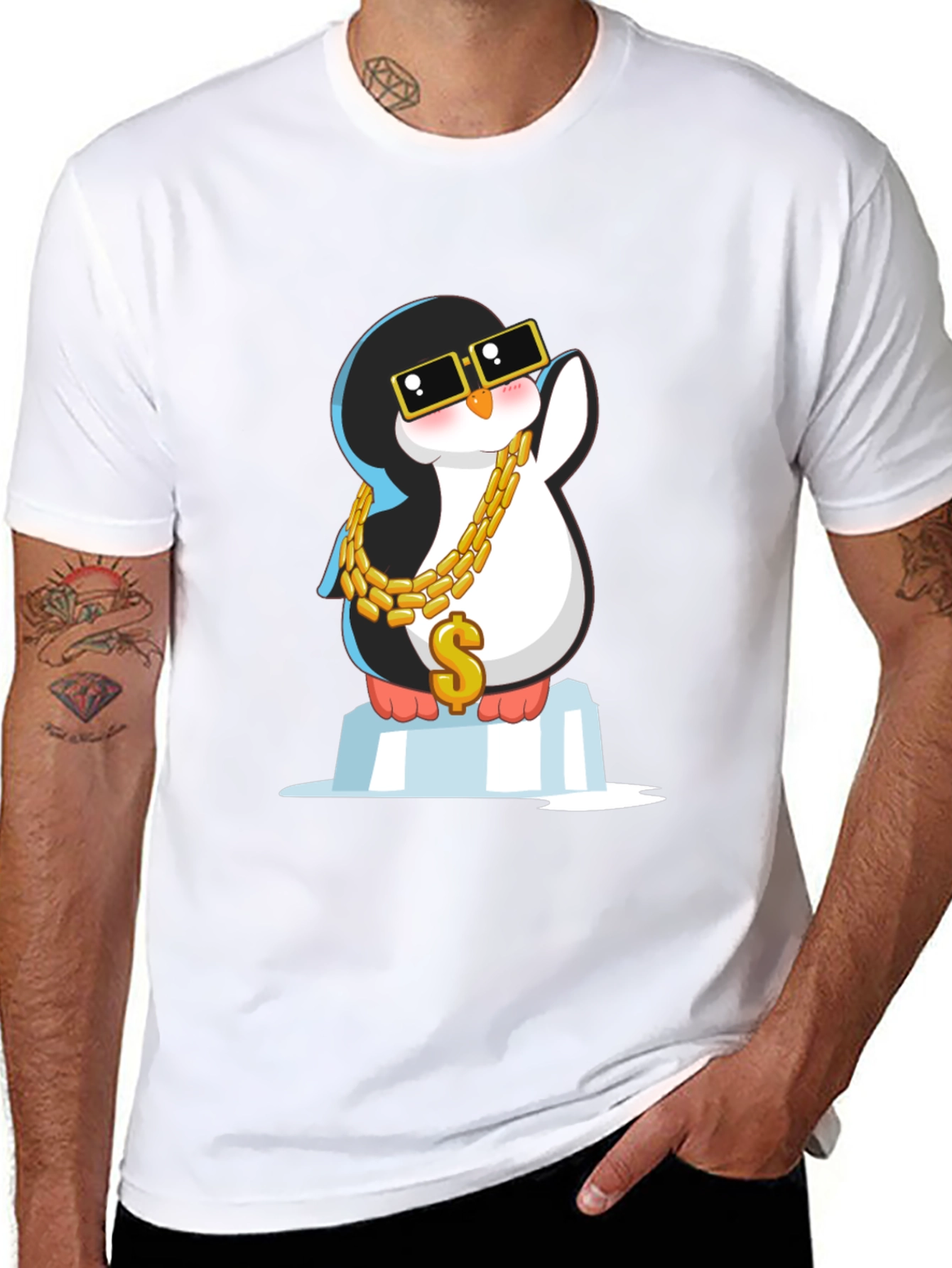Cool Penguin Black T-Shirt with Gold Chain