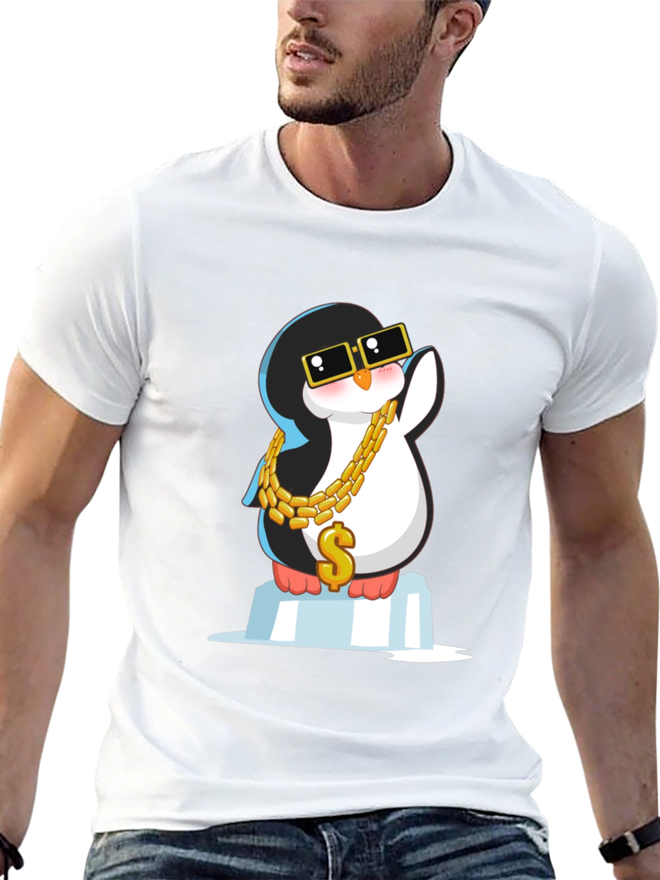 Cool Penguin Black T-Shirt with Gold Chain