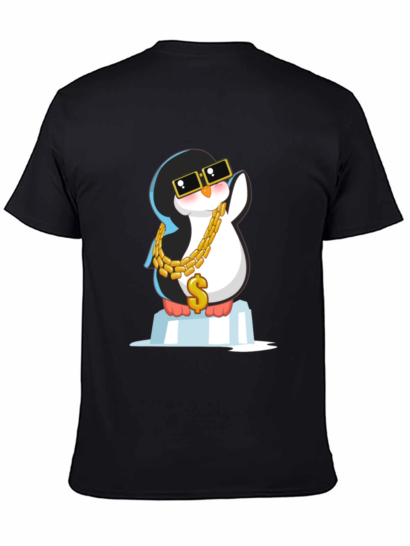 Cool Penguin Black T-Shirt with Gold Chain