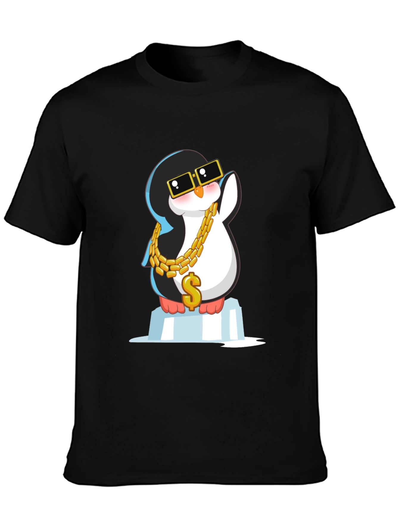 Cool Penguin Black T-Shirt with Gold Chain