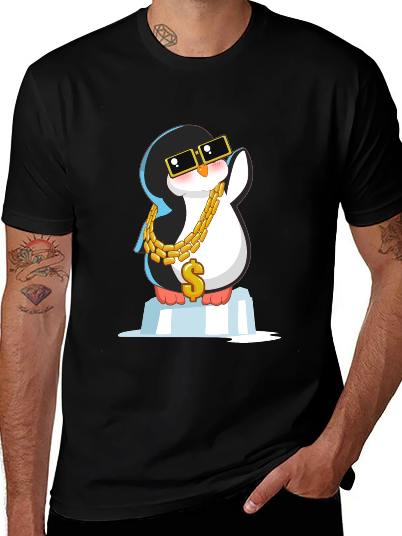 Cool Penguin Black T-Shirt with Gold Chain