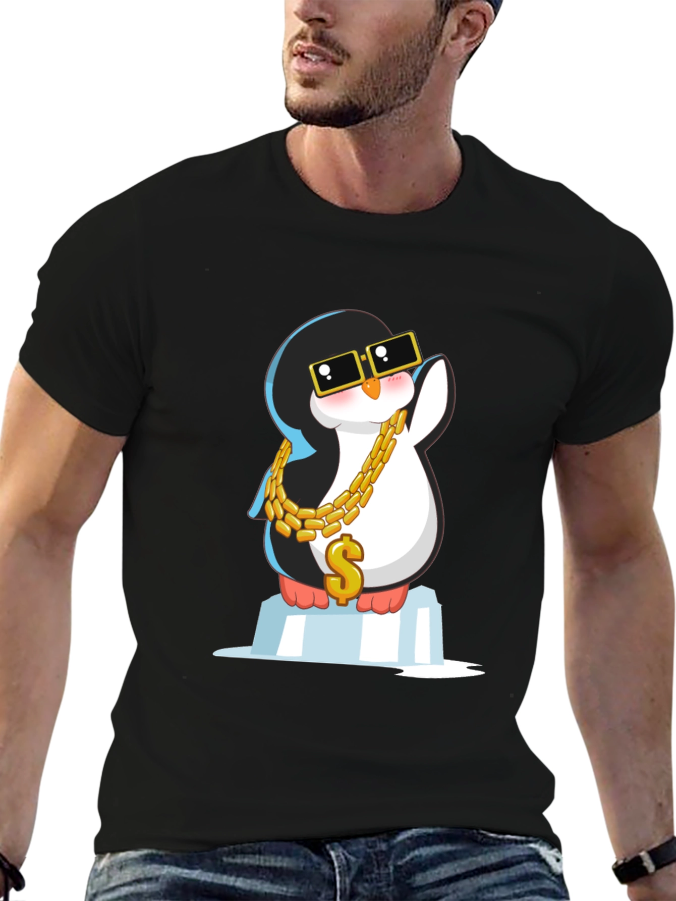 Cool Penguin Black T-Shirt with Gold Chain
