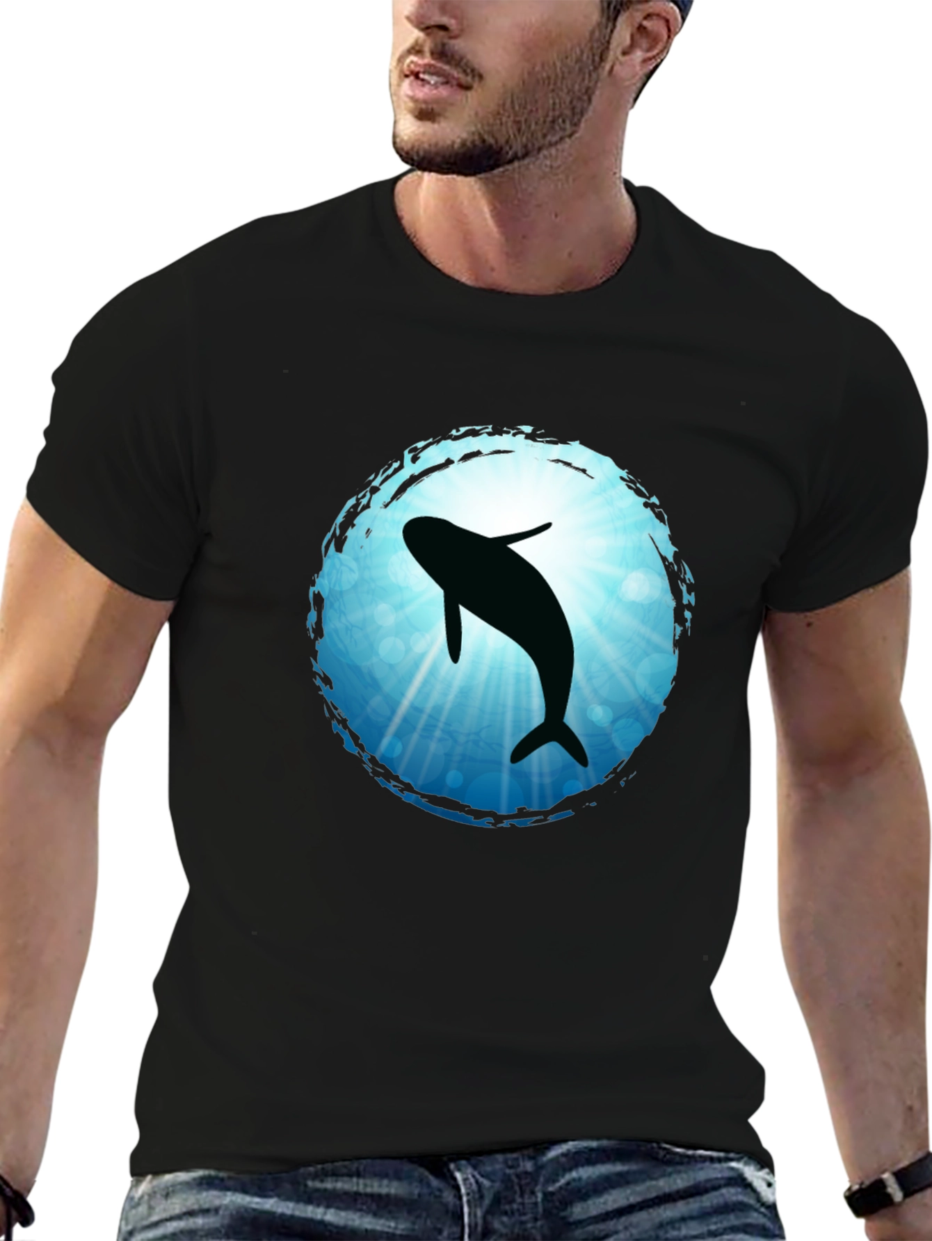 Whale Silhouette Graphic Tee - Black Cotton Blend T-Shirt