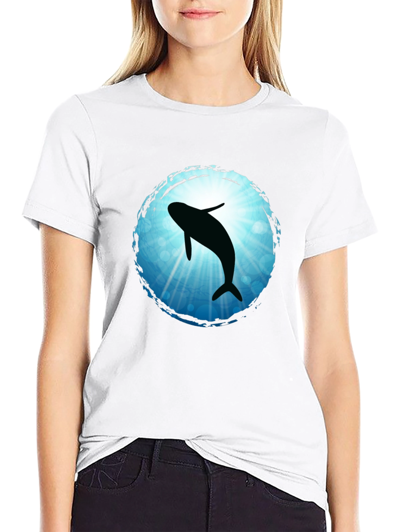 Whale Silhouette Graphic Tee - Black Cotton Blend T-Shirt