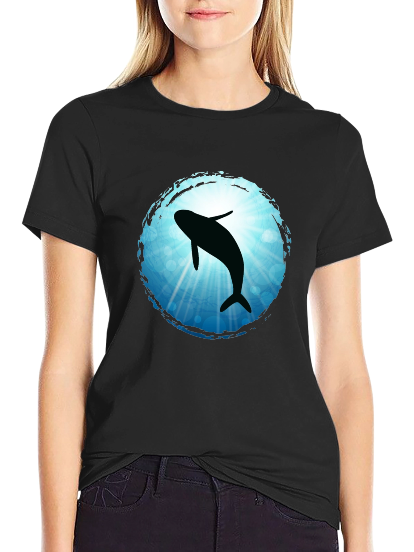 Whale Silhouette Graphic Tee - Black Cotton Blend T-Shirt