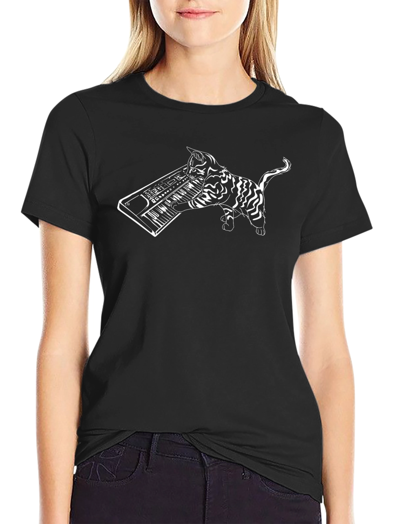 Cat Playing Piano Black T-Shirt